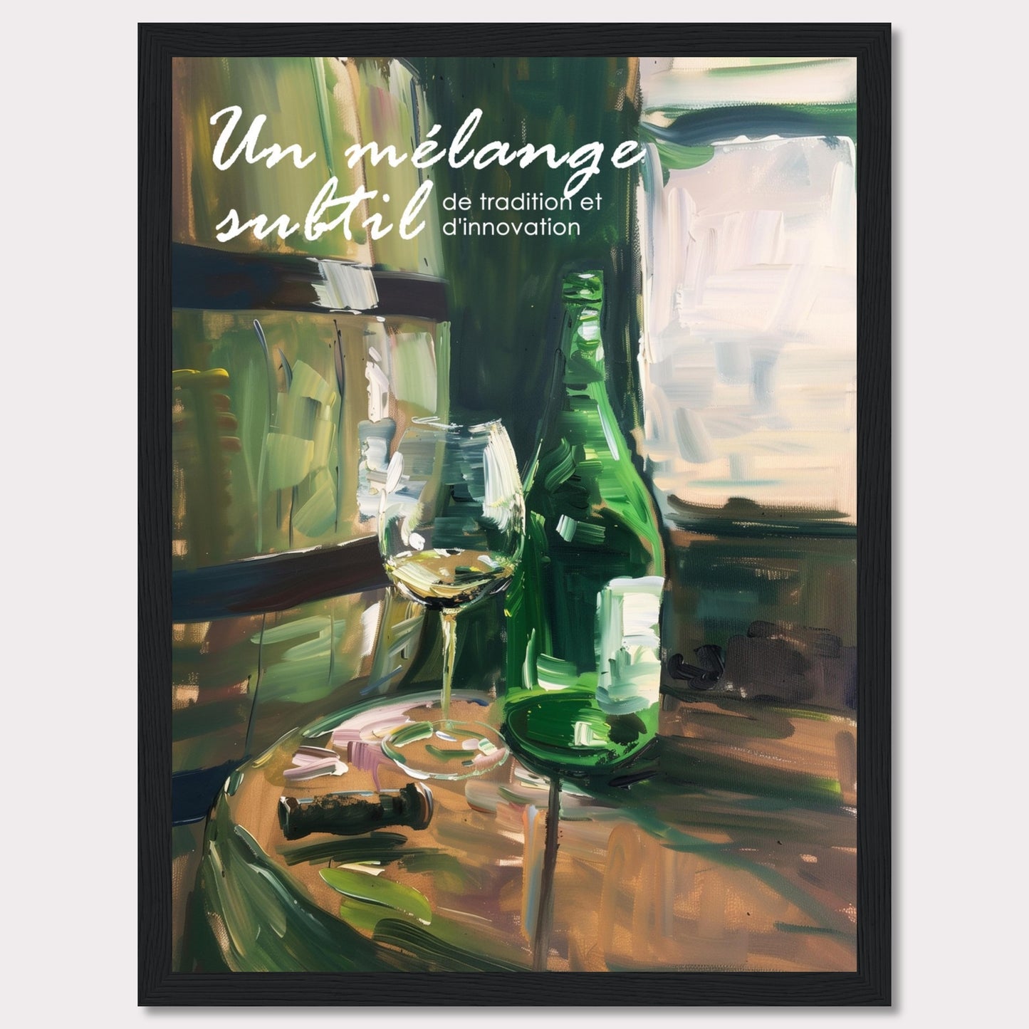 This image showcases a beautifully painted scene of a wine bottle and glass on a wooden table, evoking a sense of sophistication and elegance. The text on the image reads "Un mélange subtil de tradition et d'innovation," which translates to "A subtle blend of tradition and innovation."