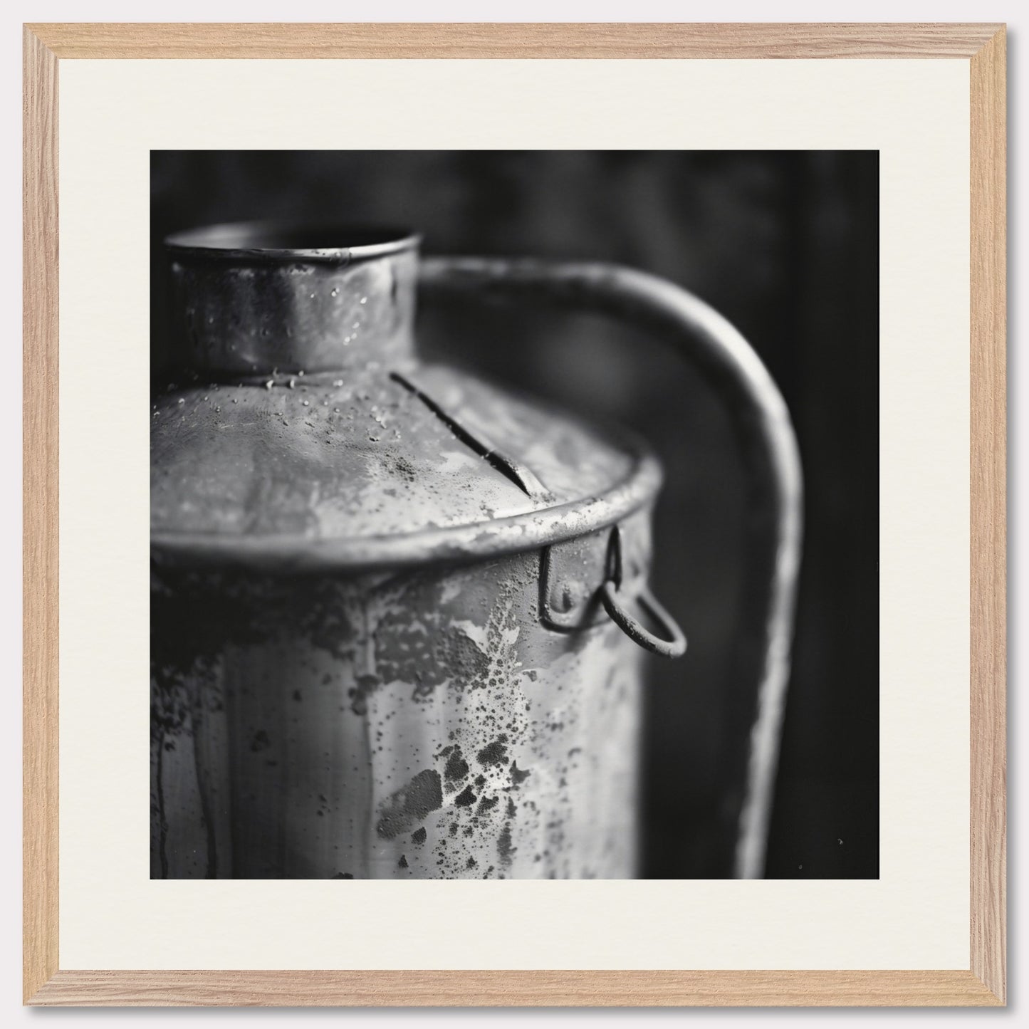 This illustration depicts a close-up view of an old, weathered metal container with a handle. The black and white composition highlights the texture and details of the rust and wear on the surface.