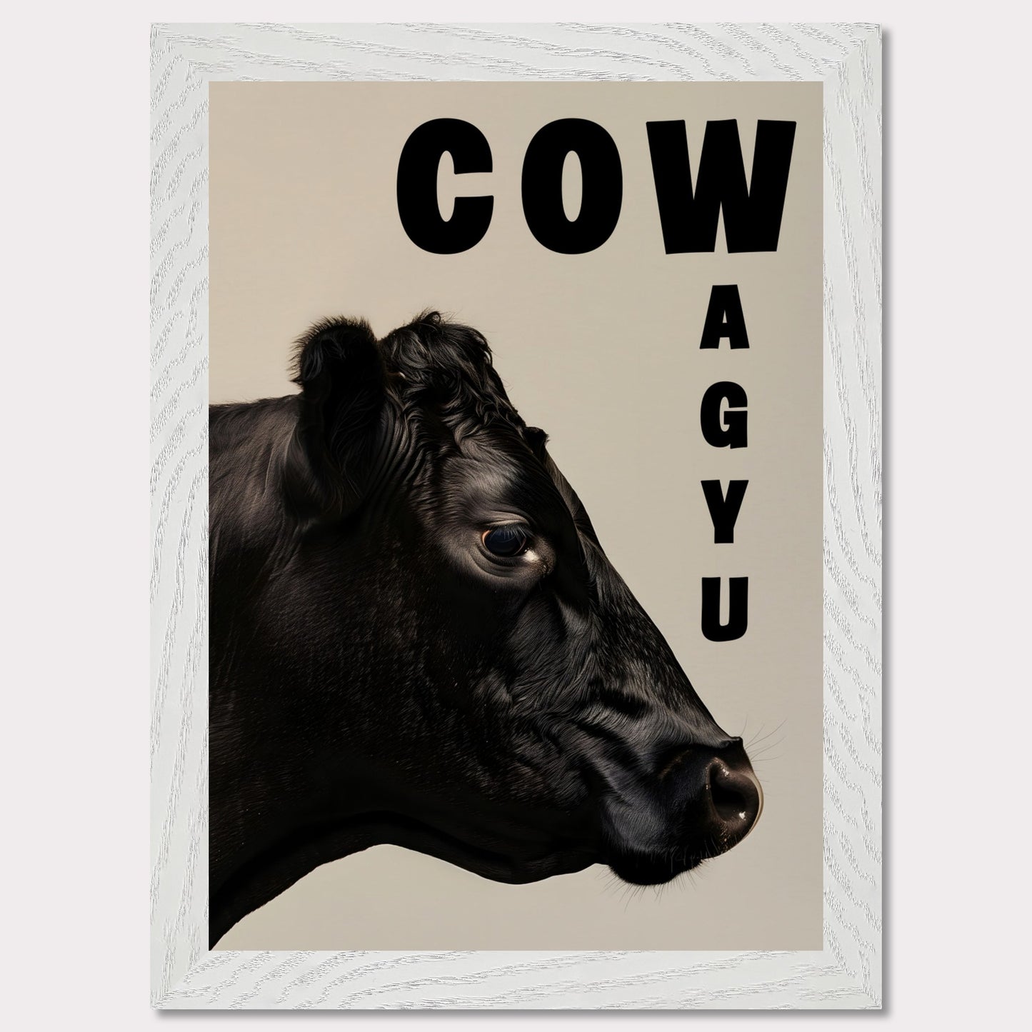 This image features a close-up profile of a black cow against a neutral background. The word "COW" is prominently displayed in bold black letters at the top, while the word "WAGYU" is arranged vertically on the right side.