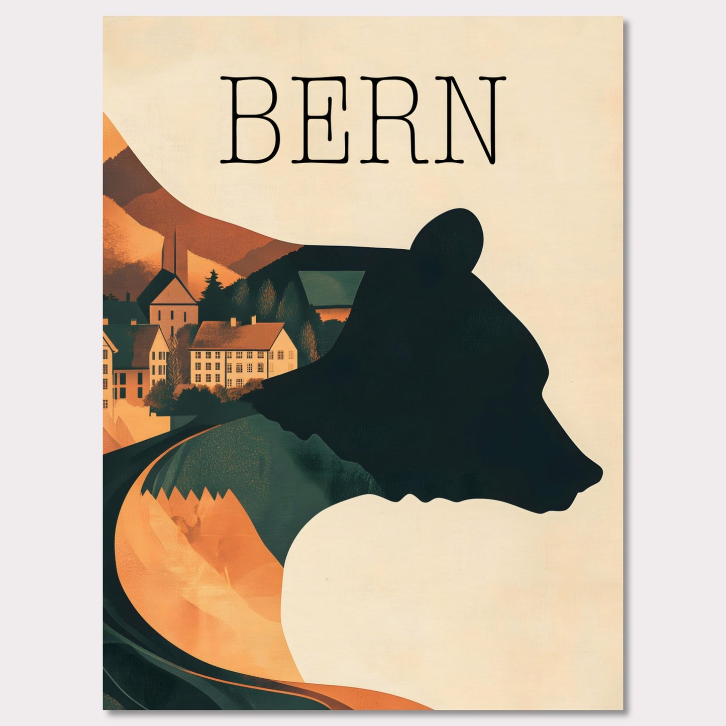 This minimalist travel poster captures the essence of Bern, Switzerland, with a flowing river winding through the city's historic heart. The design highlights the city's iconic medieval architecture, framed by the serene natural surroundings. The soft, muted tones evoke a sense of nostalgia and tranquility, making it a perfect representation of Bern’s timeless beauty.