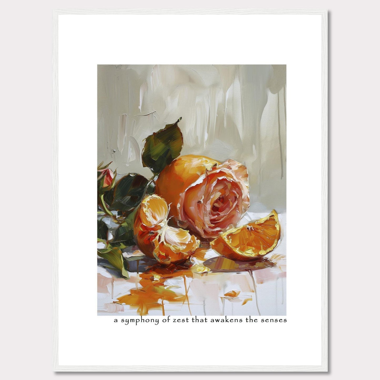 This captivating painting features a delicate rose intertwined with vibrant orange segments, creating a stunning contrast of colors and textures. The brushstrokes evoke a sense of freshness and vitality, making it a perfect piece to invigorate any space.