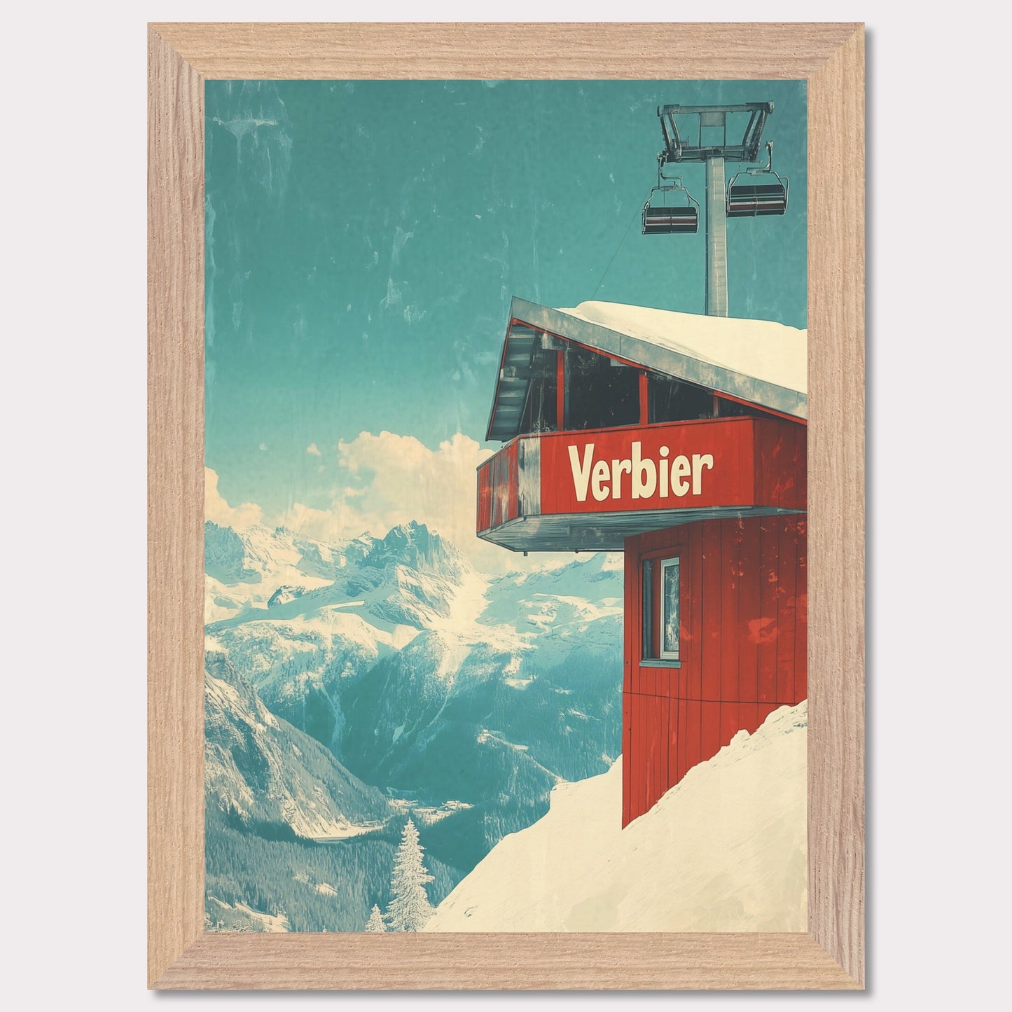 This vintage-inspired poster showcases a modern gondola station perched high above Verbier’s slopes. The gondola’s red cabin stands out against the pristine white snow, with majestic alpine peaks framing the view. The soft blue sky, accented by the vintage design, gives a timeless quality to the image. The simplicity and elegance of the gondola station invite viewers to imagine their own journey up the mountain, surrounded by the beauty of the Swiss Alps.