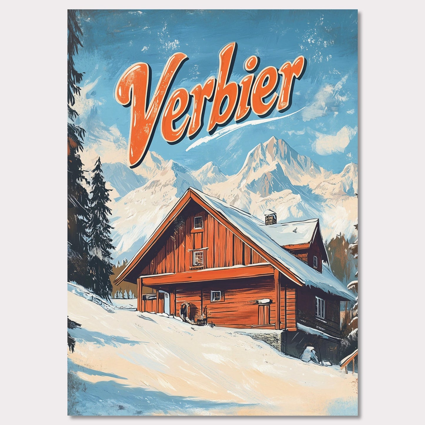 This vintage-inspired poster features a charming wooden chalet nestled against the stunning mountains of Verbier. The warm tones of the cabin contrast beautifully with the snowy landscape and towering peaks, creating a welcoming, serene winter scene. The retro design with bold typography invites viewers to imagine a peaceful retreat in the heart of the Swiss Alps, where adventure and comfort come together.