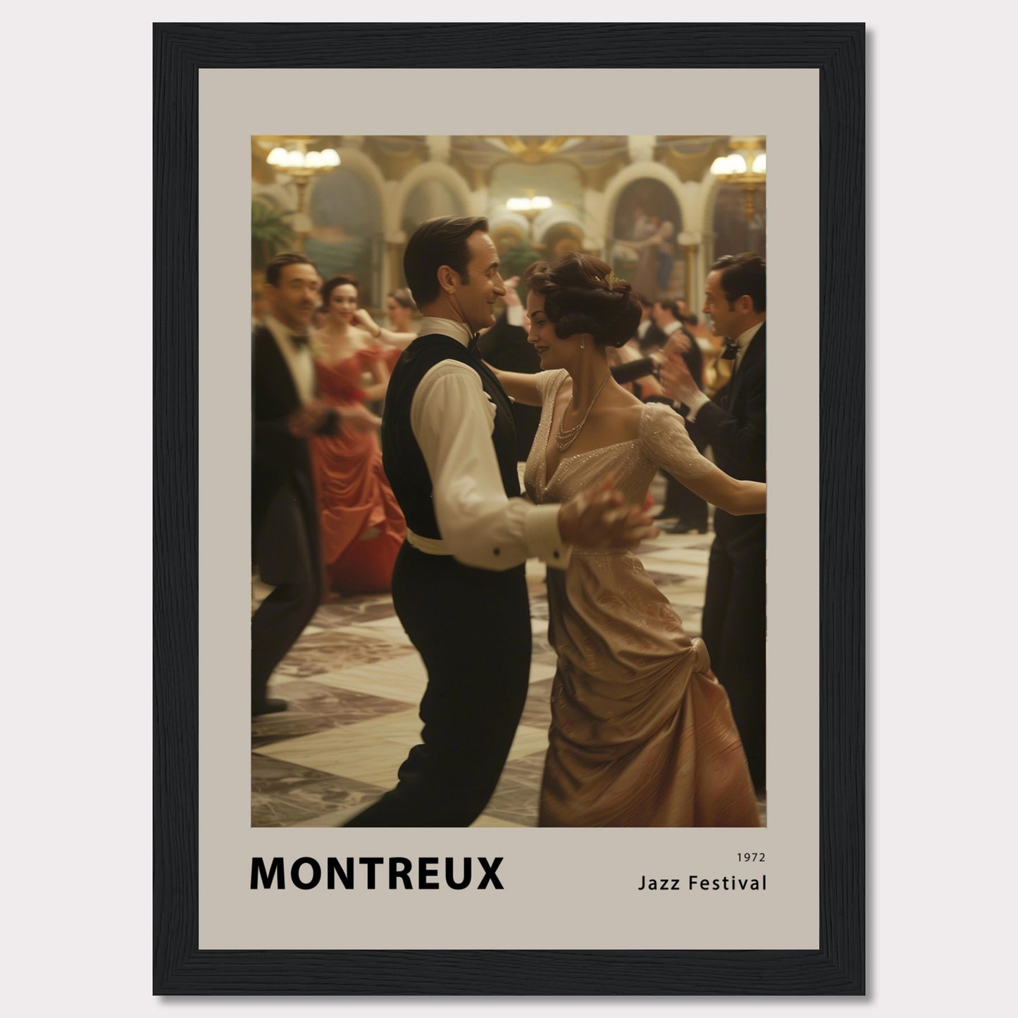 This elegant poster captures a moment of grace and sophistication at the Montreux Jazz Festival in 1972. A couple is seen dancing in a grand ballroom, surrounded by other elegantly dressed attendees. The atmosphere is vibrant and full of life, evoking the charm and allure of a bygone era.