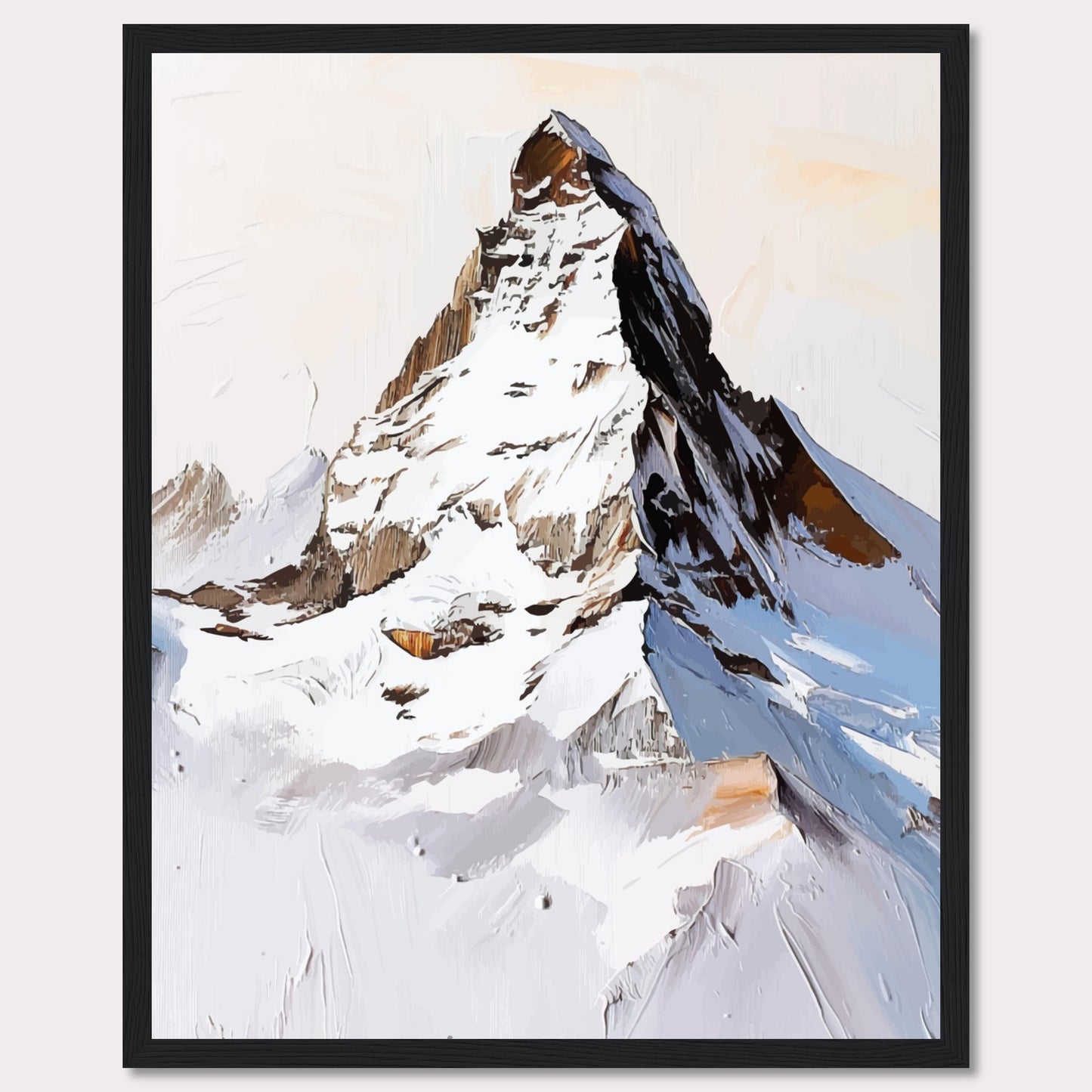 This image showcases a striking painting of a snow-covered mountain peak, likely inspired by the majestic Matterhorn. The artwork features bold brush strokes and a mix of white, brown, and blue hues, capturing the rugged beauty of the alpine landscape.