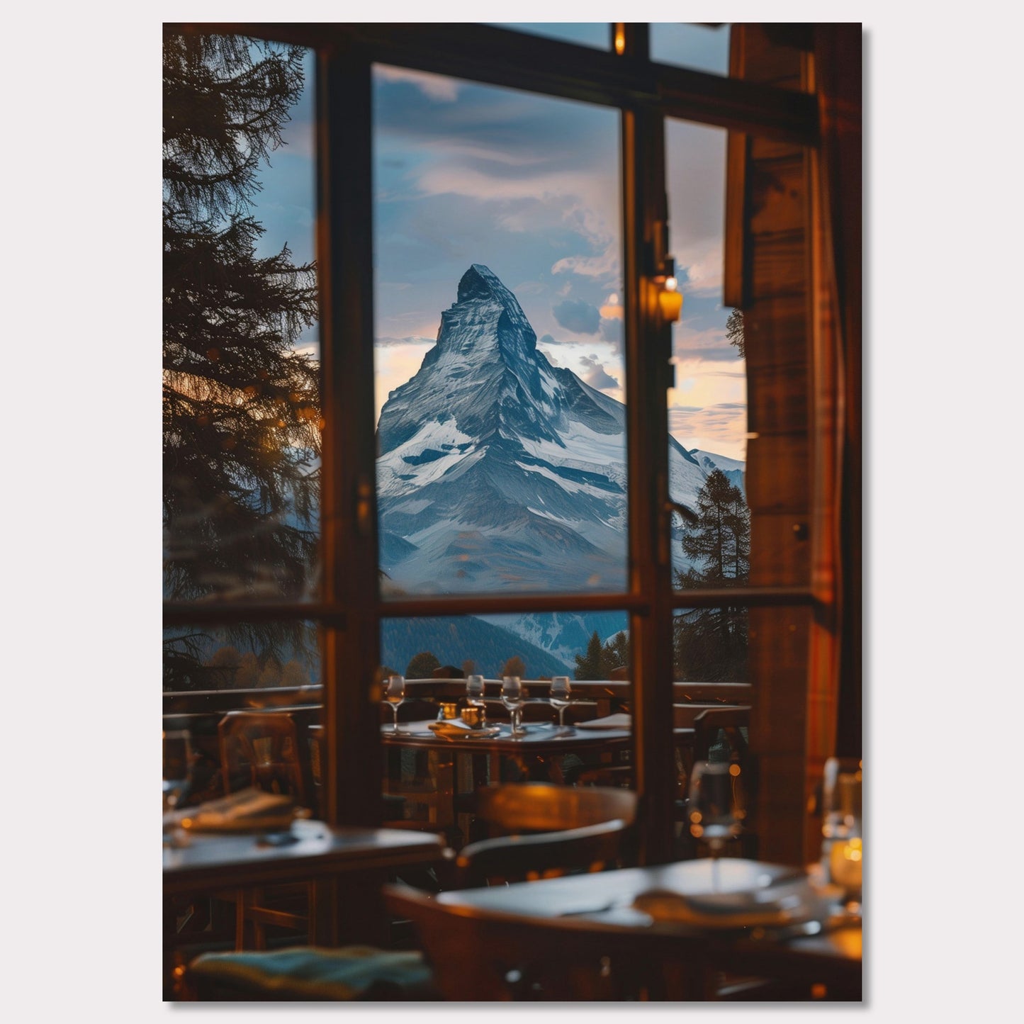 Experience the breathtaking view of a majestic mountain peak through the windows of a cozy restaurant. The scene captures the tranquility and grandeur of nature, inviting you to unwind and savor the moment.