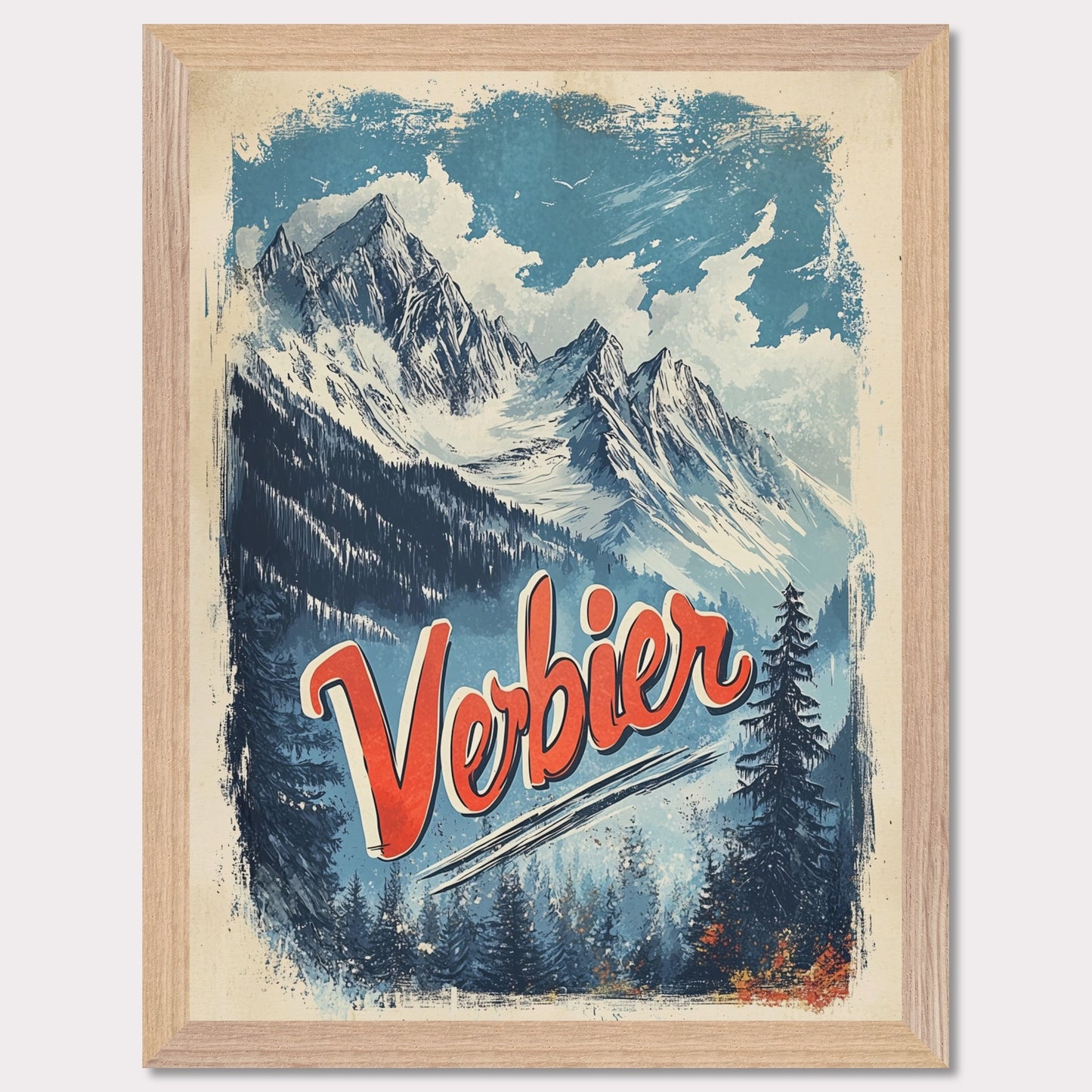 This striking vintage poster captures the breathtaking beauty of Verbier’s mountain peaks. With a bold orange and blue color palette, the image of towering snowy peaks framed by evergreen trees invites adventure and awe. The vintage typography emphasizes Verbier’s allure as a destination for both exploration and relaxation, making this an ideal representation of the Swiss Alps' majestic landscapes.