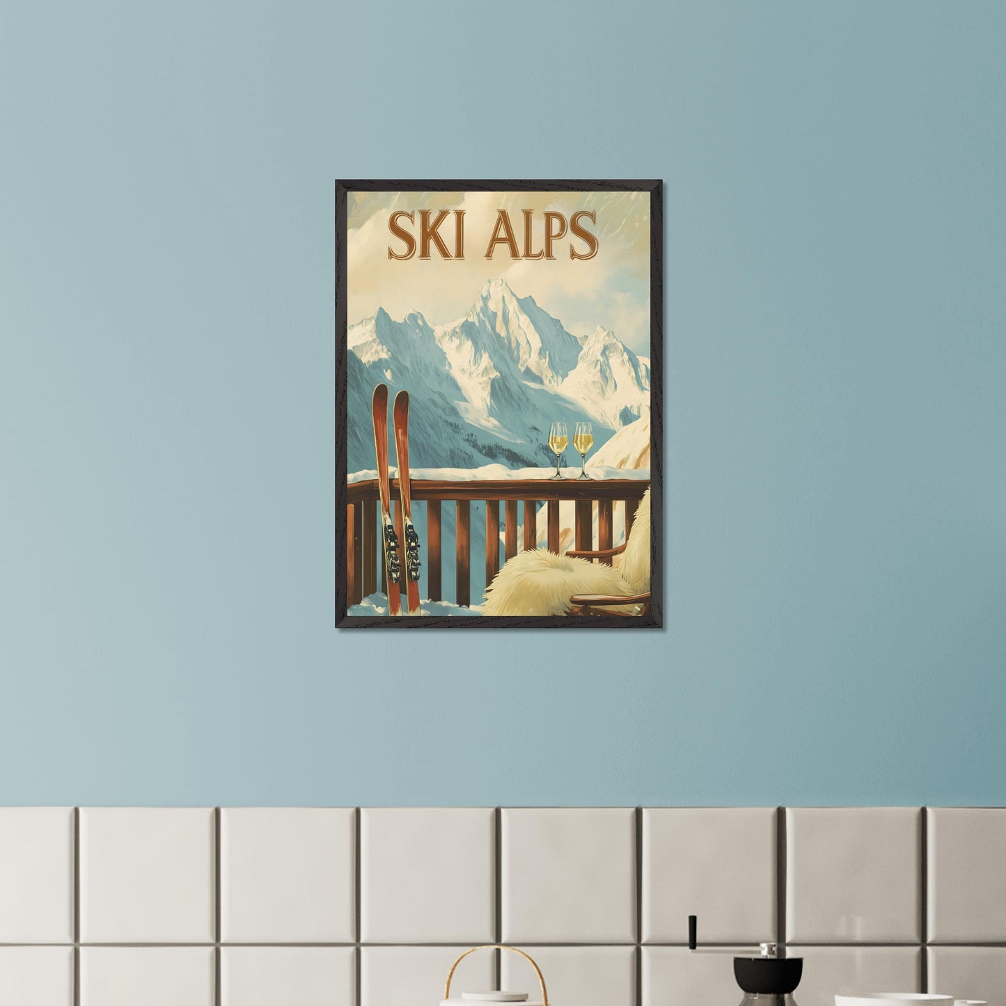 This soothing poster transports you to a tranquil alpine terrace with a breathtaking view of snow-covered peaks. A wooden chair draped in soft fur and paired with two glasses of sparkling wine sets the tone for a peaceful and intimate winter retreat.