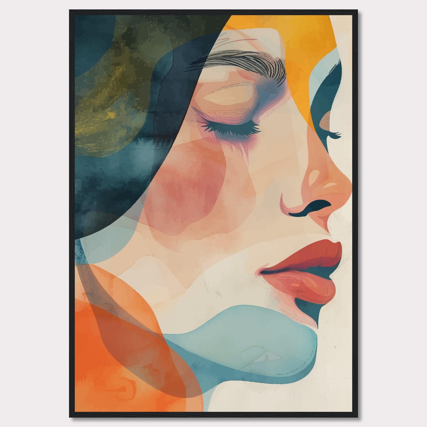 This captivating artwork features a serene profile of a woman's face, rendered in a vibrant mix of abstract colors. The composition highlights her closed eyes and calm expression, evoking a sense of tranquility and introspection.