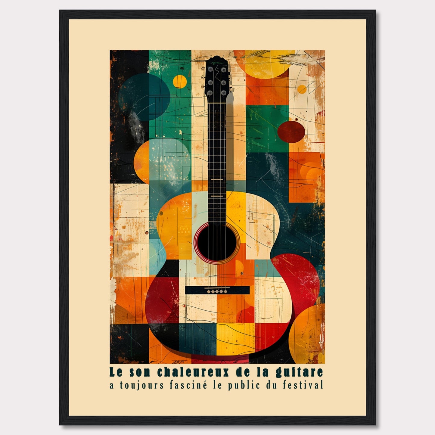 This vibrant artwork features an abstract depiction of an acoustic guitar, blending geometric shapes and bold colors. The French text at the bottom reads, "Le son chaleureux de la guitare a toujours fasciné le public du festival," which translates to "The warm sound of the guitar has always fascinated the festival audience."