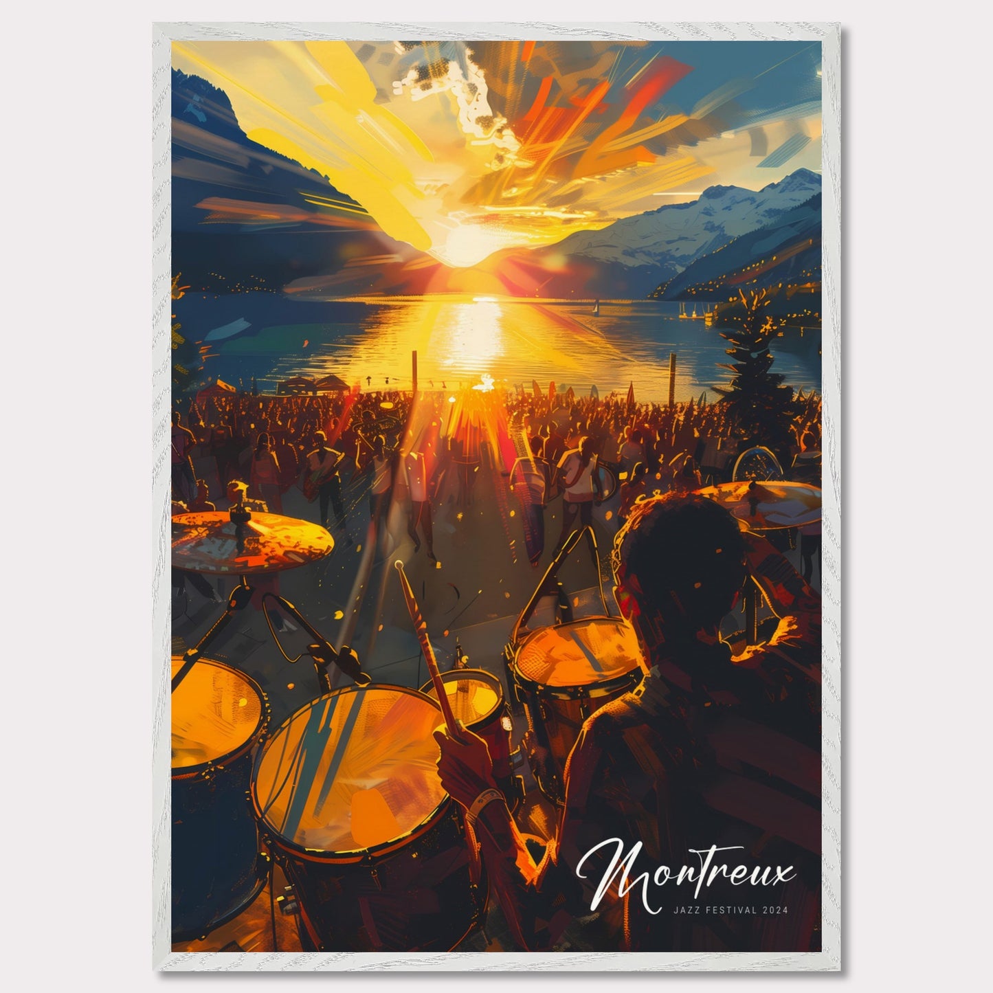 This vibrant image captures the essence of the Montreux Jazz Festival 2024. The scene is set at sunset, with a stunning view of the sun dipping below the horizon over a serene lake, surrounded by majestic mountains. A large crowd is gathered, immersed in the music, while a drummer plays energetically in the foreground.