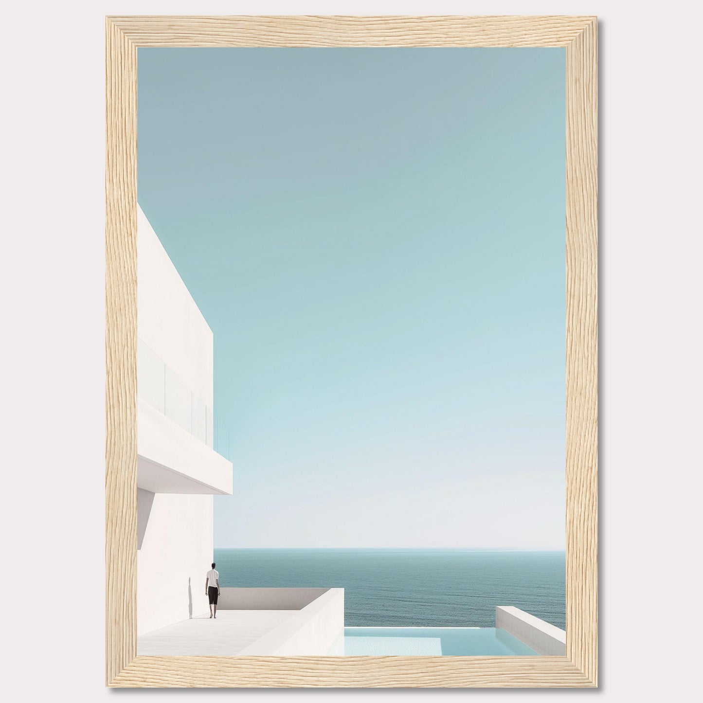 This serene image captures a minimalist coastal scene featuring a modern white building overlooking the tranquil ocean. A solitary figure stands on a balcony, gazing out at the expansive sea and clear sky. The composition exudes calmness and simplicity, inviting viewers to embrace a moment of peaceful reflection.