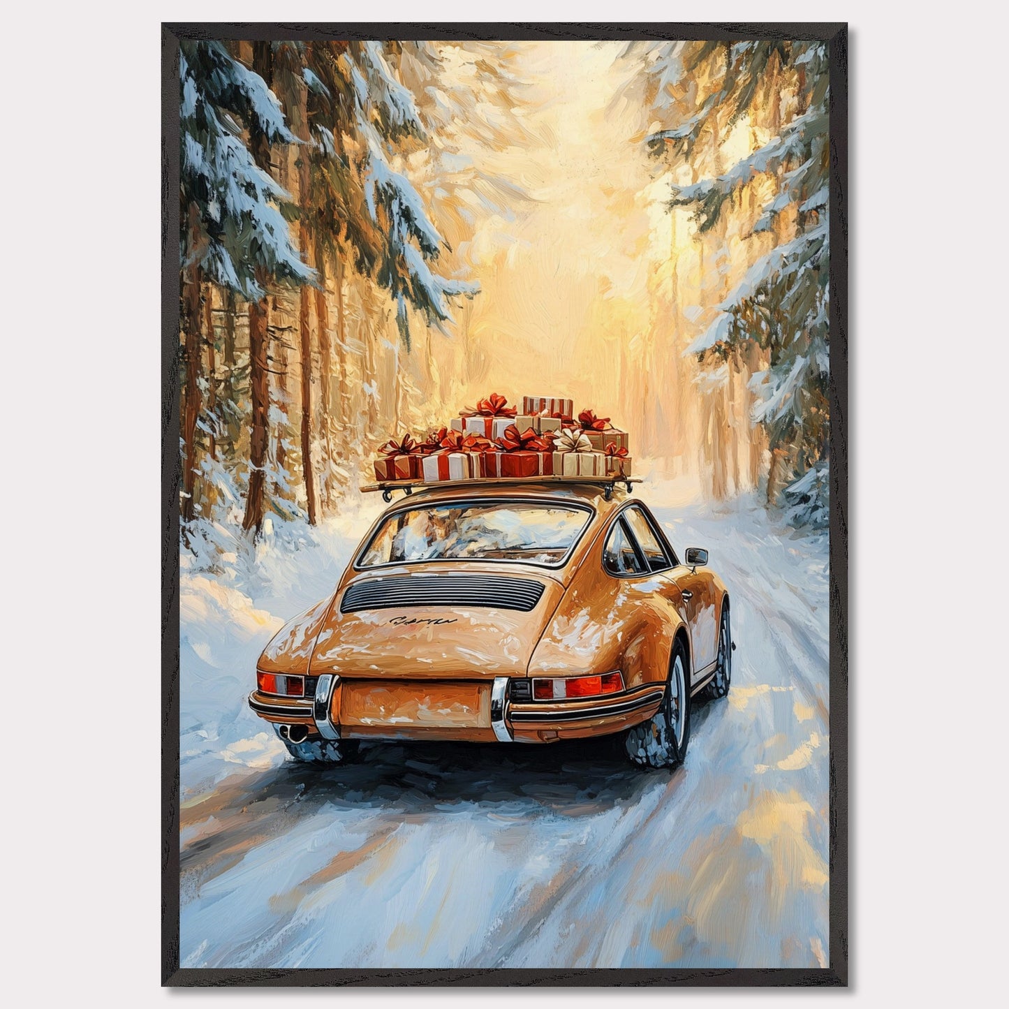 This festive poster showcases a yellow Porsche navigating a snow-covered path with holiday presents stacked on its roof. The warm glow from the trees lining the road creates a magical winter scene, while the "Merry Christmas" typography evokes the warmth and joy of the holiday season. The combination of sleek design and a peaceful winter landscape makes this a perfect holiday greeting.