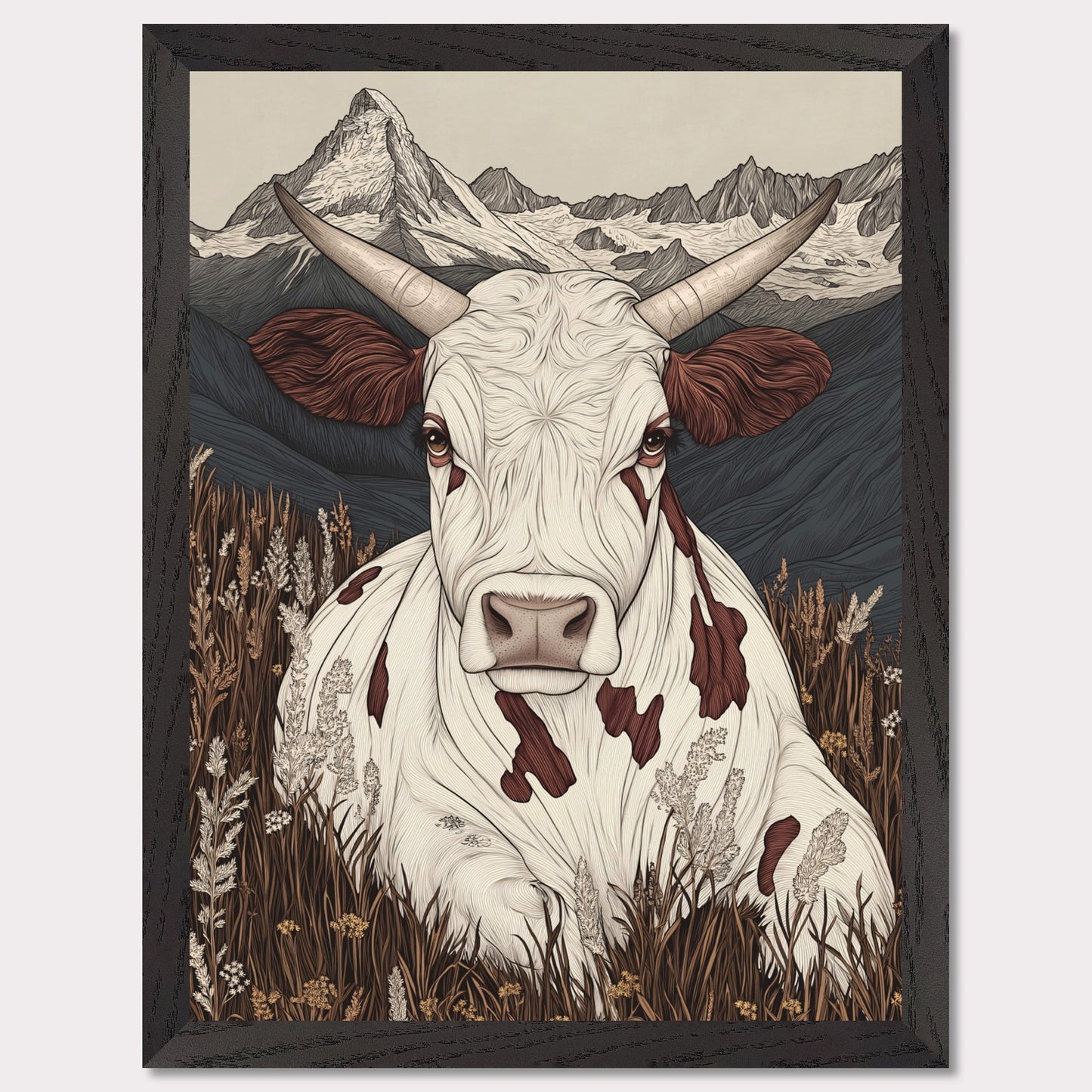 This beautifully detailed poster portrays a tranquil scene of alpine life with a focus on the harmonious connection between nature and animals. A striking cow with intricate features gazes directly at the viewer, creating a sense of intimacy, while the majestic Matterhorn looms in the background. The combination of soft earth tones and delicate linework evokes a rustic yet modern aesthetic.