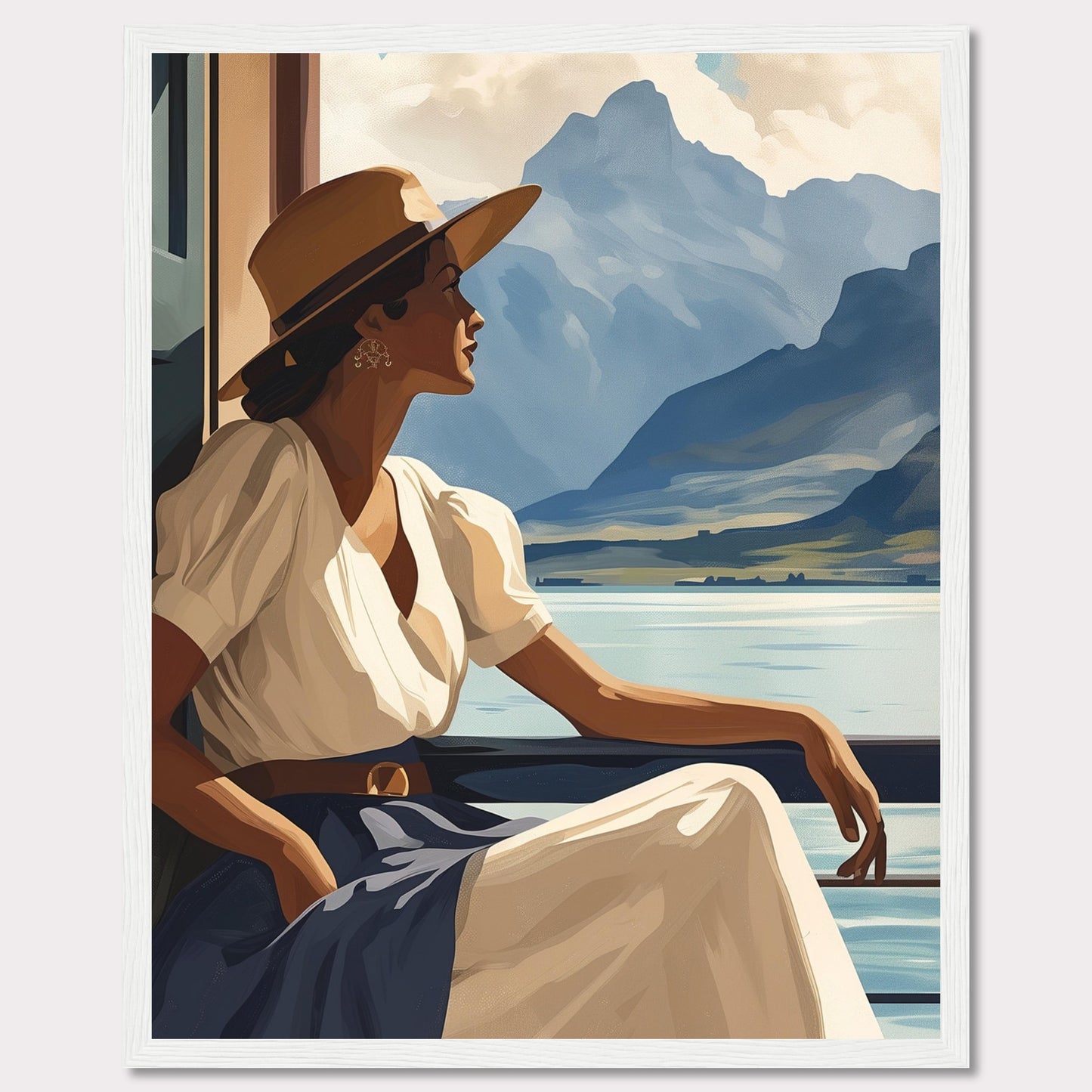 This captivating artwork features a serene woman in a white dress and wide-brimmed hat, gazing out at a tranquil lake with majestic mountains in the background. The scene evokes a sense of peace and contemplation, inviting viewers to pause and appreciate the beauty of nature.