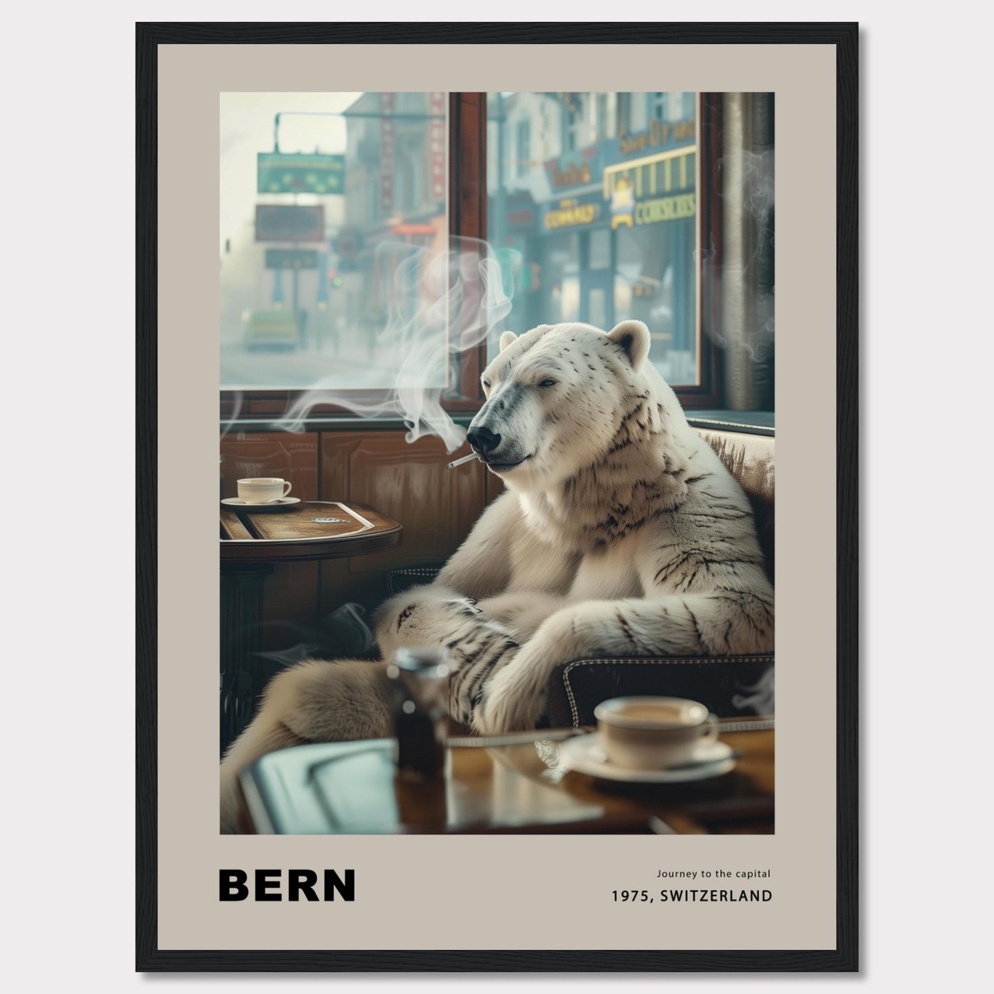 This intriguing poster features a polar bear sitting comfortably in a café, smoking a cigarette. The scene is set against a backdrop of a bustling city street, with shops and signs visible through the window. A cup of coffee sits on the table in front of the bear, adding to the relaxed atmosphere. The text at the bottom reads "BERN" with the caption "Journey to the capital, 1975, Switzerland."