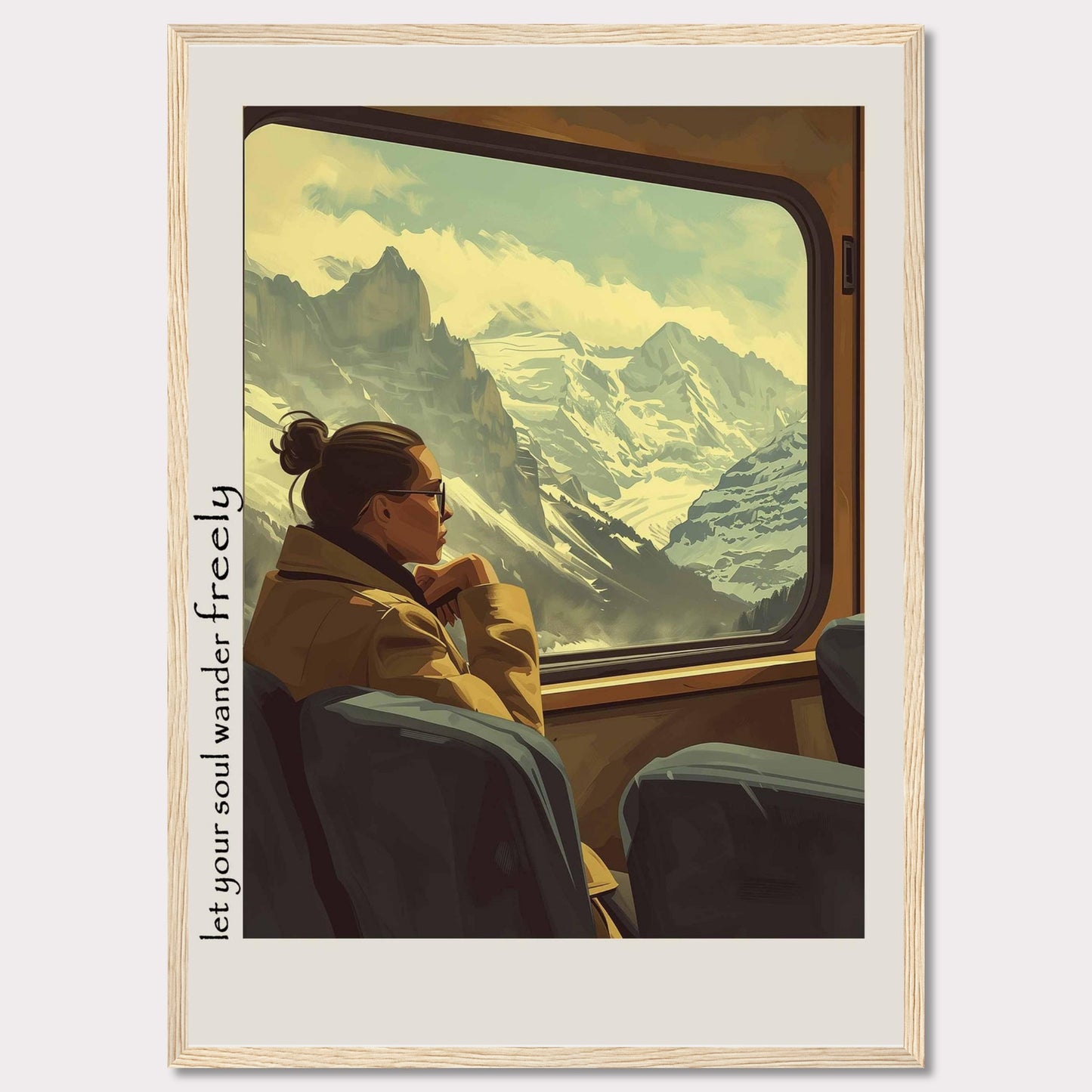 This image depicts a serene moment of a woman gazing out of a train window at a breathtaking mountain landscape. The scene is framed with the text "Let your soul wander freely" on the left side.