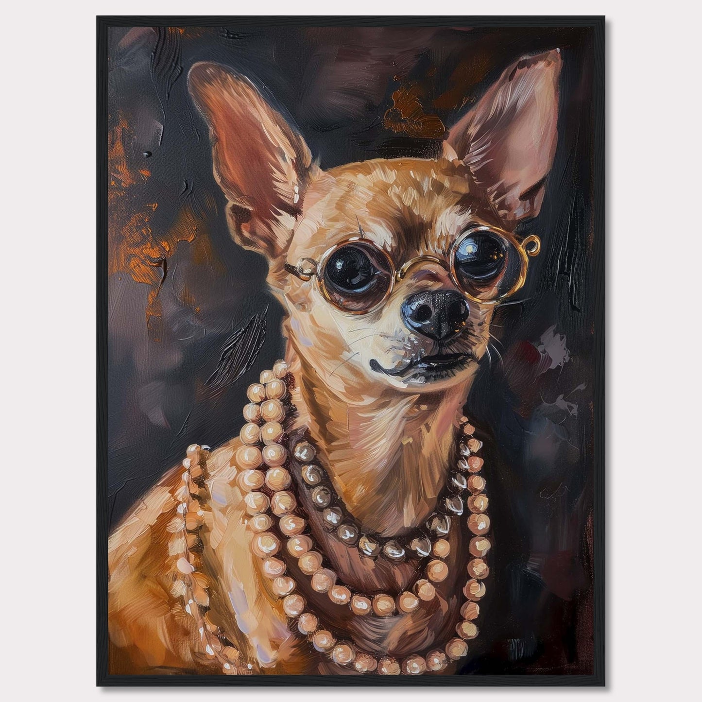 This captivating artwork features a stylish Chihuahua wearing round glasses and multiple strands of pearls. The painting exudes elegance and charm, making it a perfect statement piece for any room.