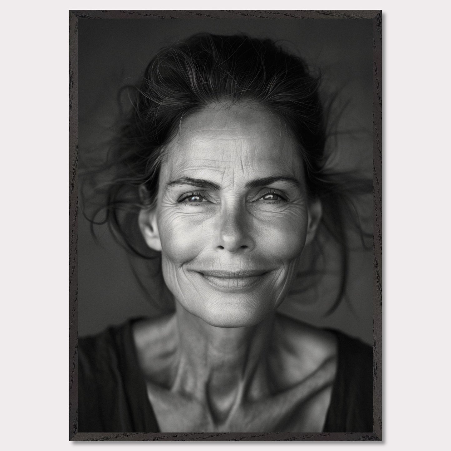 This black and white portrait captures a serene, smiling elderly woman with expressive eyes and fine wrinkles that tell a story of a life well-lived. The close-up shot highlights her natural beauty and the depth of her character.