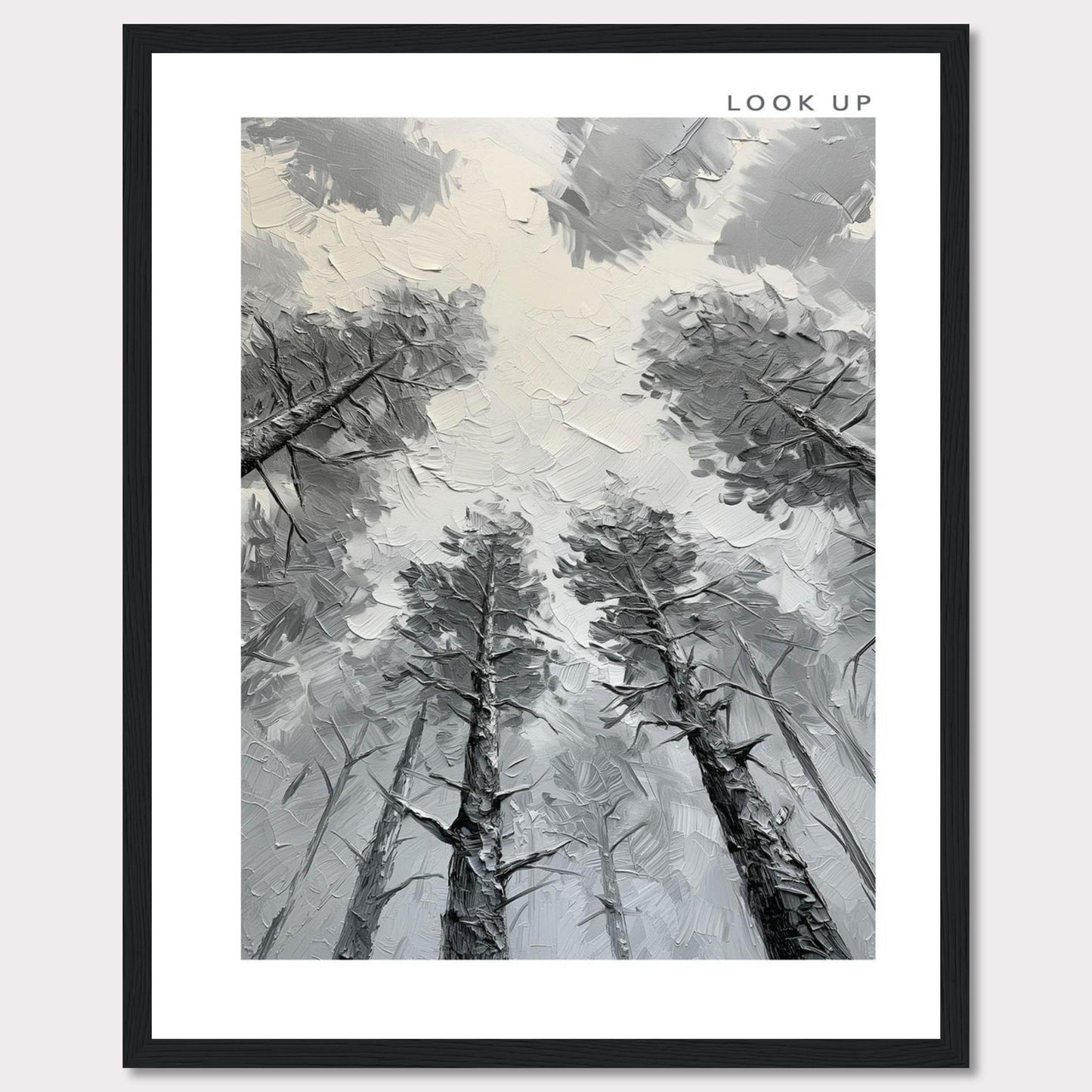 This image depicts an artistic rendering of tall trees viewed from the ground looking up, creating a sense of depth and wonder. The artwork is framed in black with the words "LOOK UP" at the top right corner.