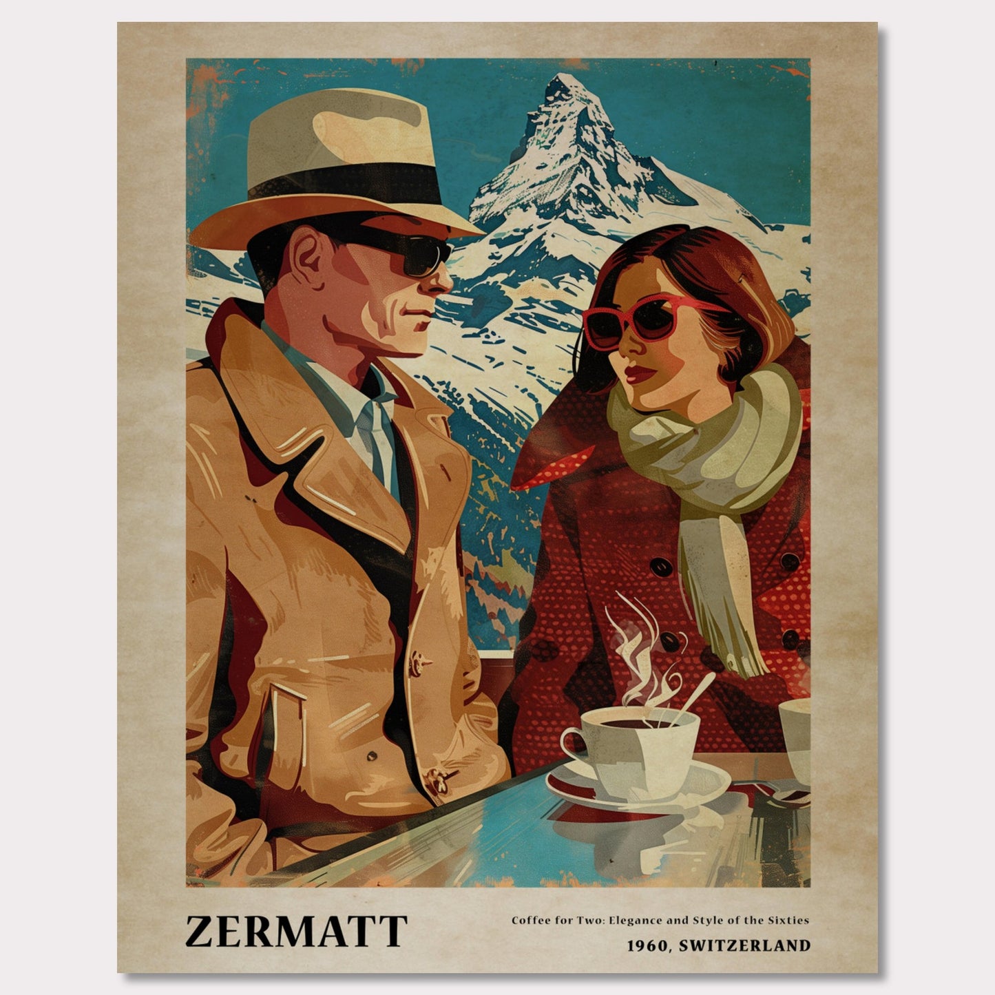 This vintage-style poster depicts a stylish couple enjoying coffee with a snowy mountain backdrop in Zermatt, Switzerland.