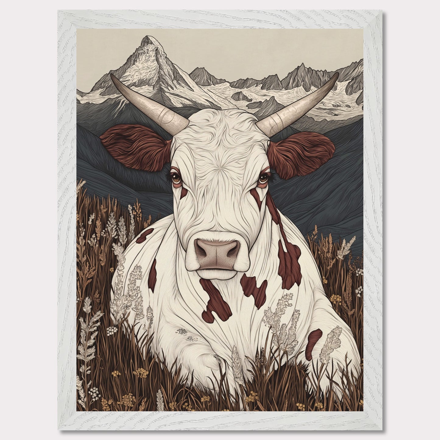 This beautifully detailed poster portrays a tranquil scene of alpine life with a focus on the harmonious connection between nature and animals. A striking cow with intricate features gazes directly at the viewer, creating a sense of intimacy, while the majestic Matterhorn looms in the background. The combination of soft earth tones and delicate linework evokes a rustic yet modern aesthetic.