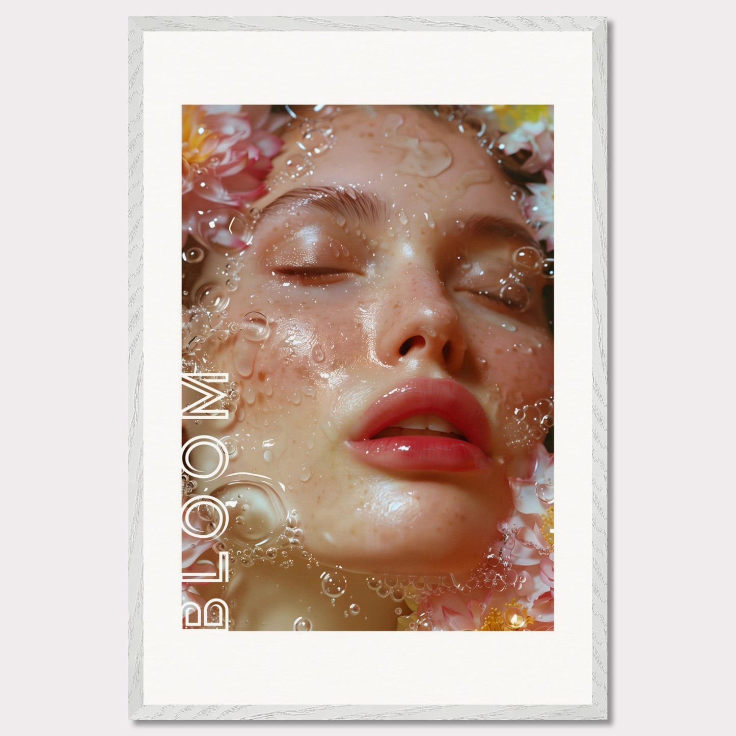 This illustration features a close-up of a serene face with closed eyes, surrounded by water droplets and flowers. The word "BLOOM" is prominently displayed along the left side.

Where this poster will fit: This poster would be ideal for a bedroom, living room, or beauty salon.