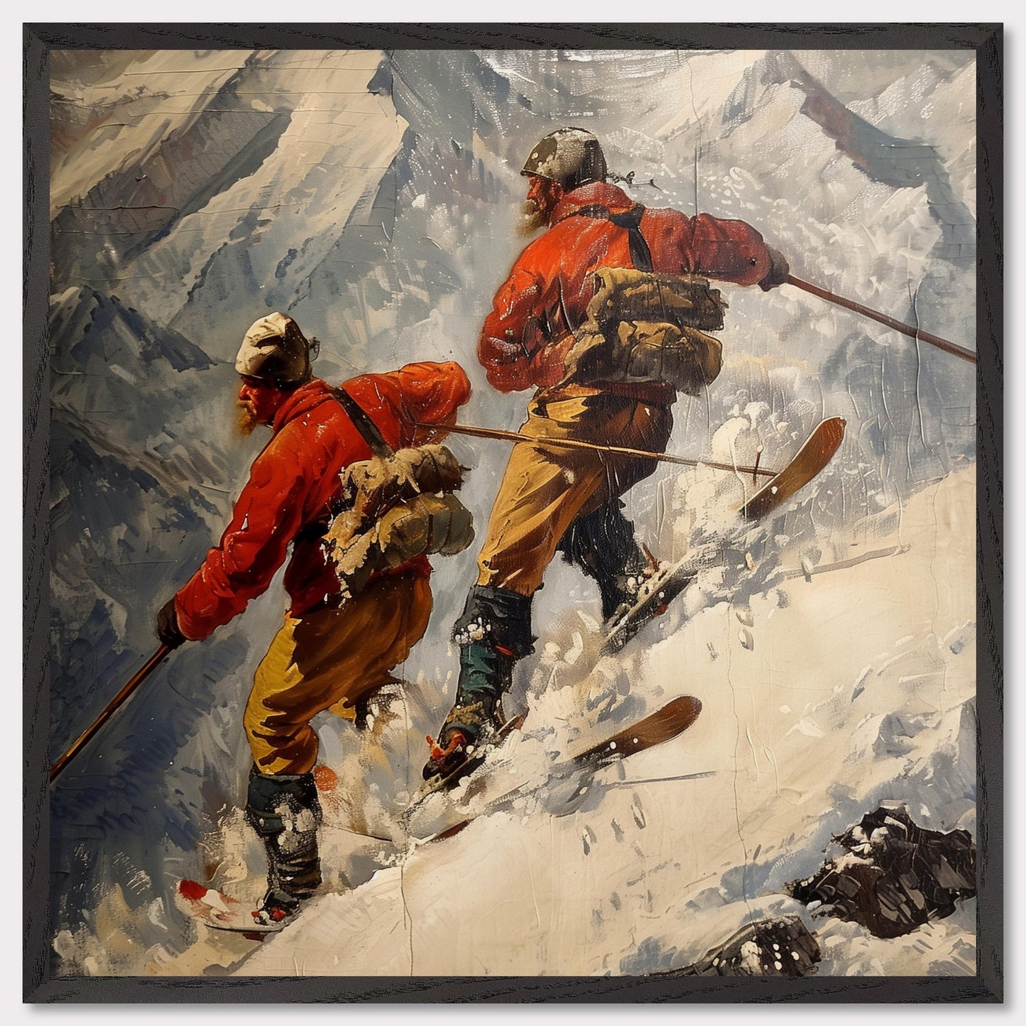 This captivating painting depicts two adventurers skiing down a steep, snowy mountain slope. They are dressed in bright red jackets and sturdy gear, emphasizing their readiness for the harsh conditions. The rugged mountain landscape in the background highlights the challenge and thrill of their descent.