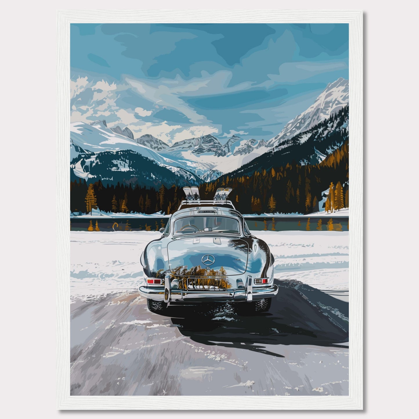 This artwork features a classic car parked on a snowy road with breathtaking snow-capped mountains and a serene lake in the background.