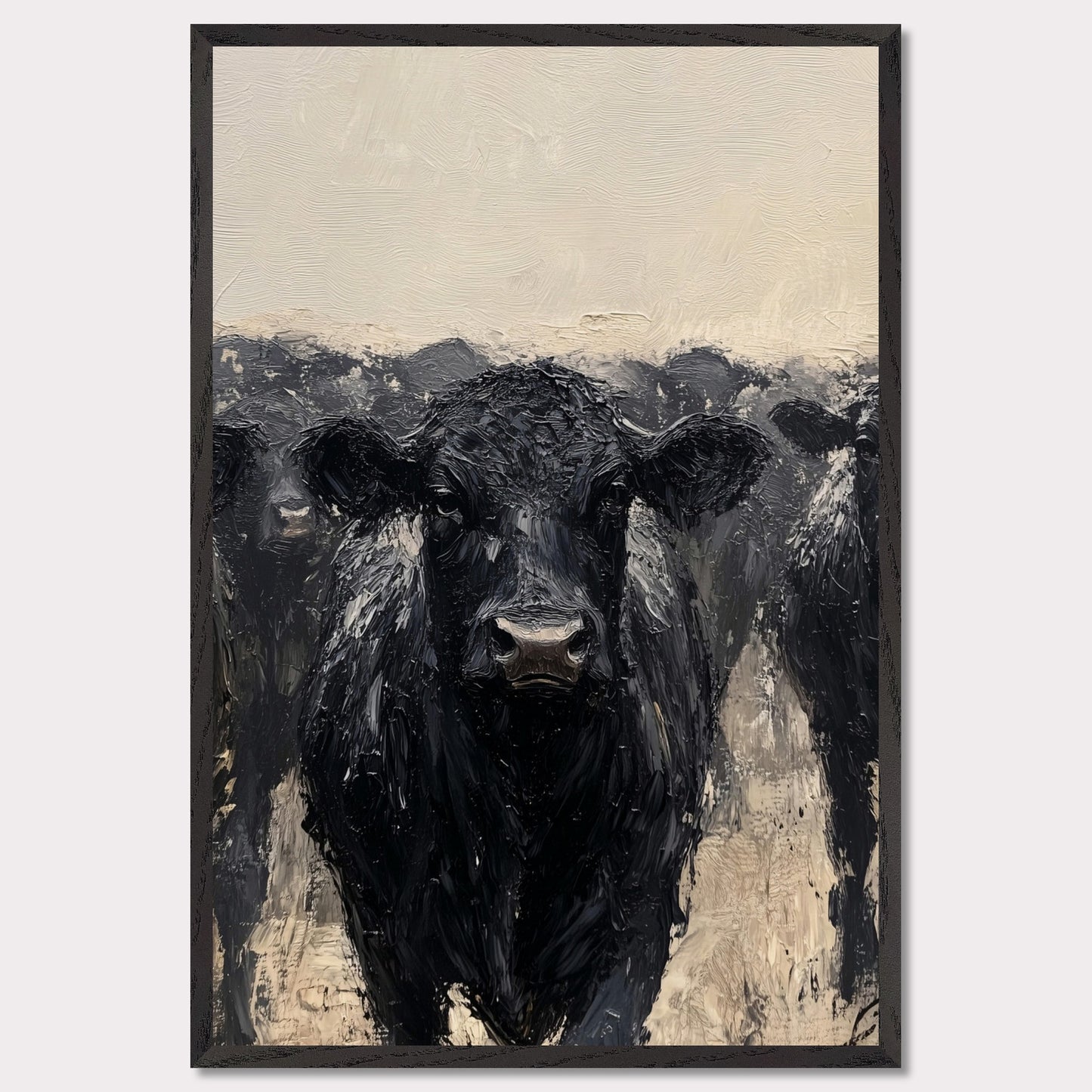 This striking painting captures the intense gaze of a black cow, surrounded by its herd. The textured brushstrokes and muted color palette create a powerful and captivating image.