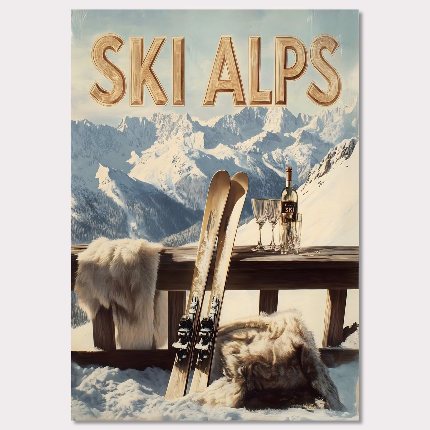 This captivating poster invites you to a serene alpine retreat, where snowy peaks stretch into the horizon. A pair of classic wooden skis leans against a rustic balcony railing, adorned with soft fur for added warmth. A bottle of fine wine and elegant glasses sit atop the table, perfectly complementing the breathtaking mountain backdrop.