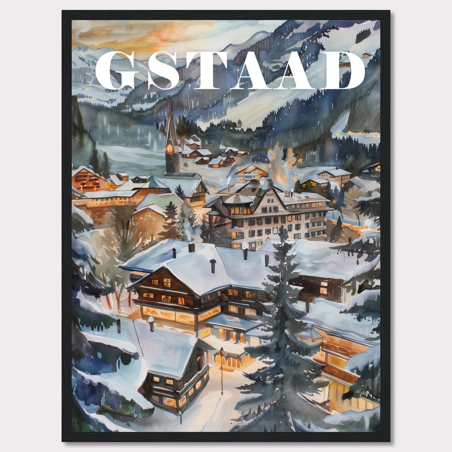 This image showcases a beautiful winter scene of Gstaad, a picturesque village nestled in the Swiss Alps. The painting captures the charm of snow-covered chalets, pine trees, and a serene mountainous backdrop under a soft evening sky.