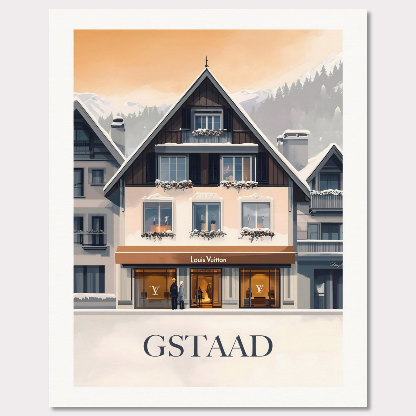 A chic and stylish poster showcasing a luxury boutique in Gstaad, framed by elegant alpine architecture. The blend of modern sophistication and traditional Swiss charm creates a timeless appeal.