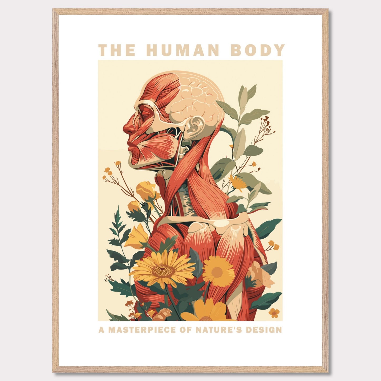 This captivating artwork showcases the intricate design of the human body, blending anatomical details with vibrant botanical elements.