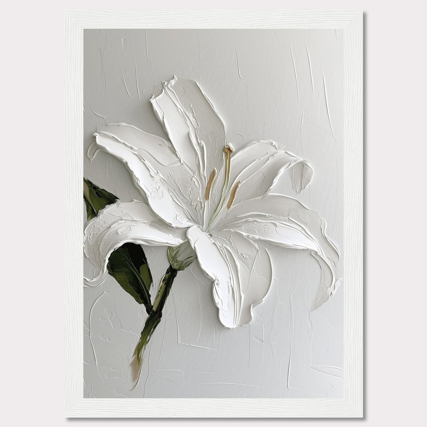 This image showcases a stunning textured painting of a white lily, elegantly framed in black. The thick brushstrokes add depth and dimension to the petals, creating a lifelike appearance. The background is kept minimal, allowing the flower to be the focal point.