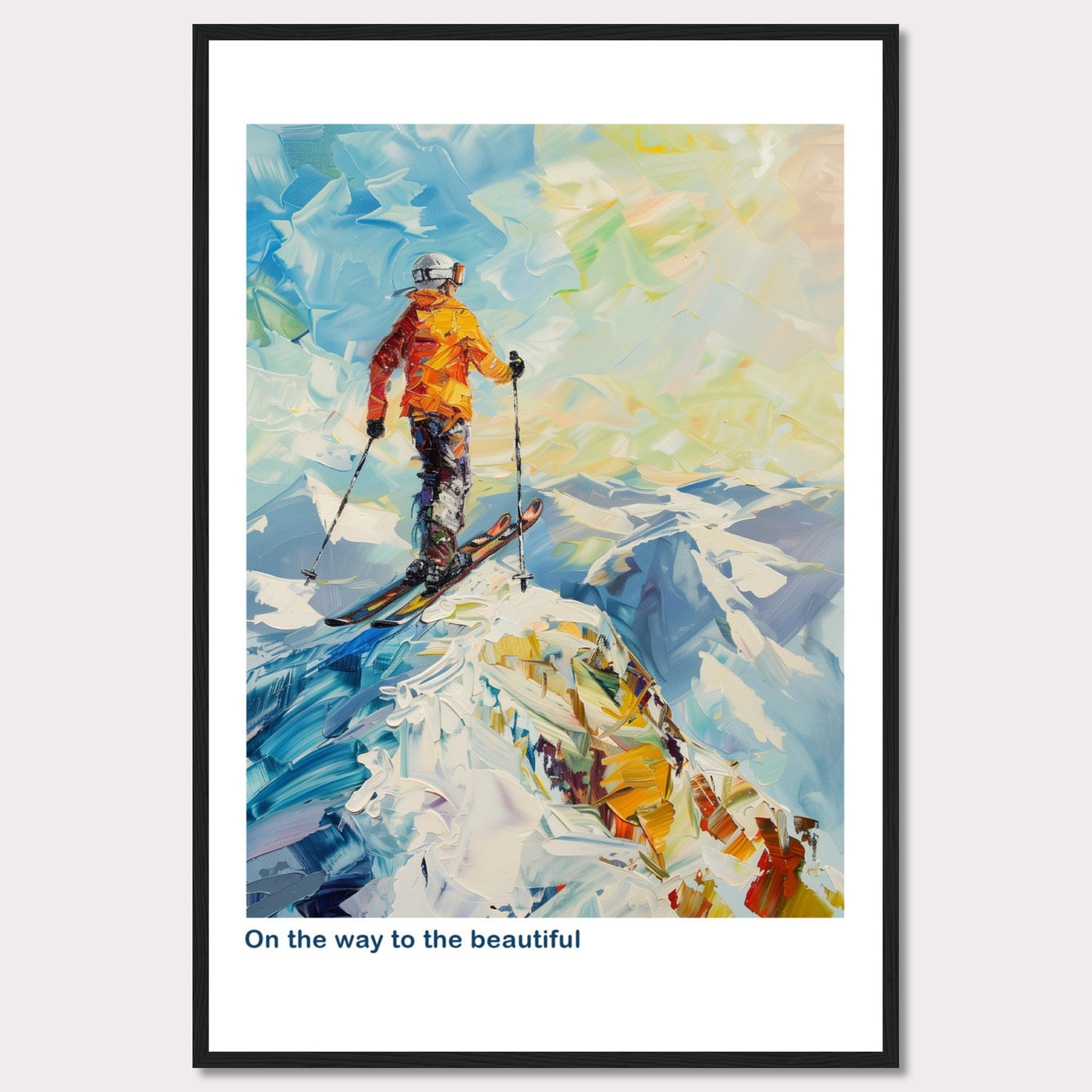 This vibrant painting captures a skier standing at the peak of a snowy mountain, ready to descend. The skier is dressed in an orange jacket and helmet, holding ski poles. The background features a stunning array of colors depicting the sky and distant mountains.