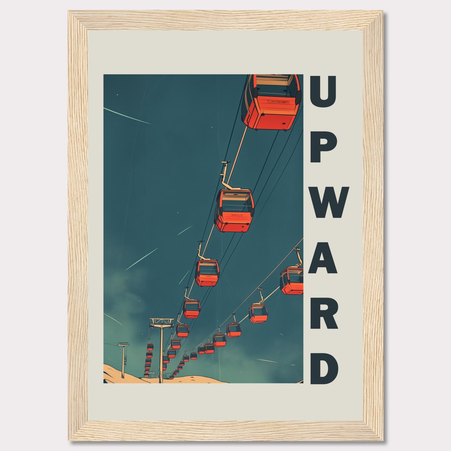 This striking artwork features a series of red cable cars ascending into a deep blue sky, evoking a sense of adventure and upward momentum. The word "UPWARD" is boldly displayed along the right side, reinforcing the theme of progress and elevation.