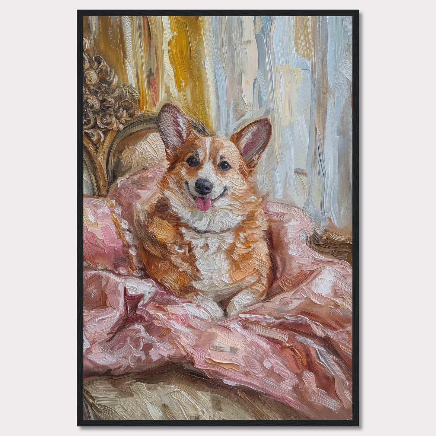 This charming painting captures a joyful corgi nestled in luxurious pink bedding, exuding warmth and happiness. The background features elegant drapery and ornate furniture, adding a touch of sophistication to the scene.