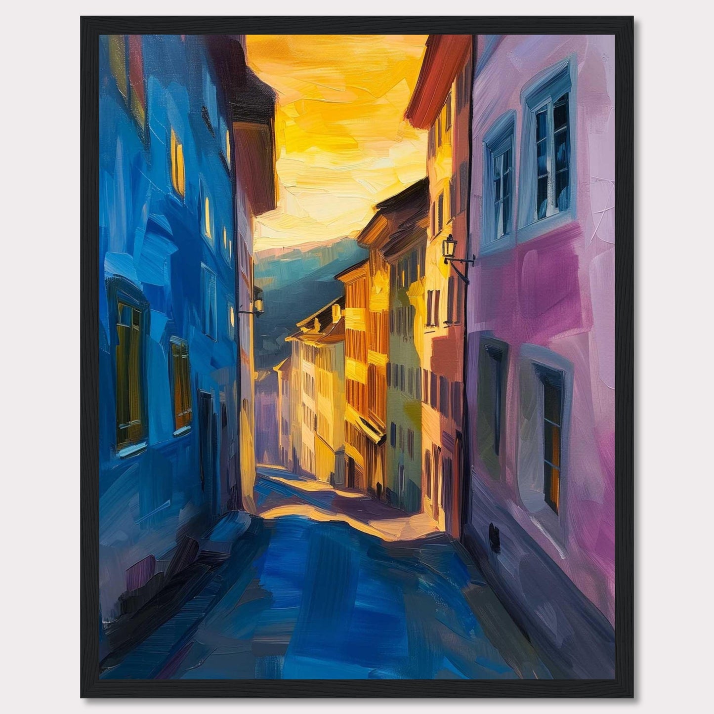 This vibrant painting captures a charming street scene bathed in the warm glow of a sunset. The artwork features colorful buildings, with hues of blue and pink dominating the foreground, while the background fades into golden tones. The narrow street creates a sense of depth, drawing the viewer's eye towards the distant horizon. The play of light and shadow adds a dynamic and lively feel to the piece.