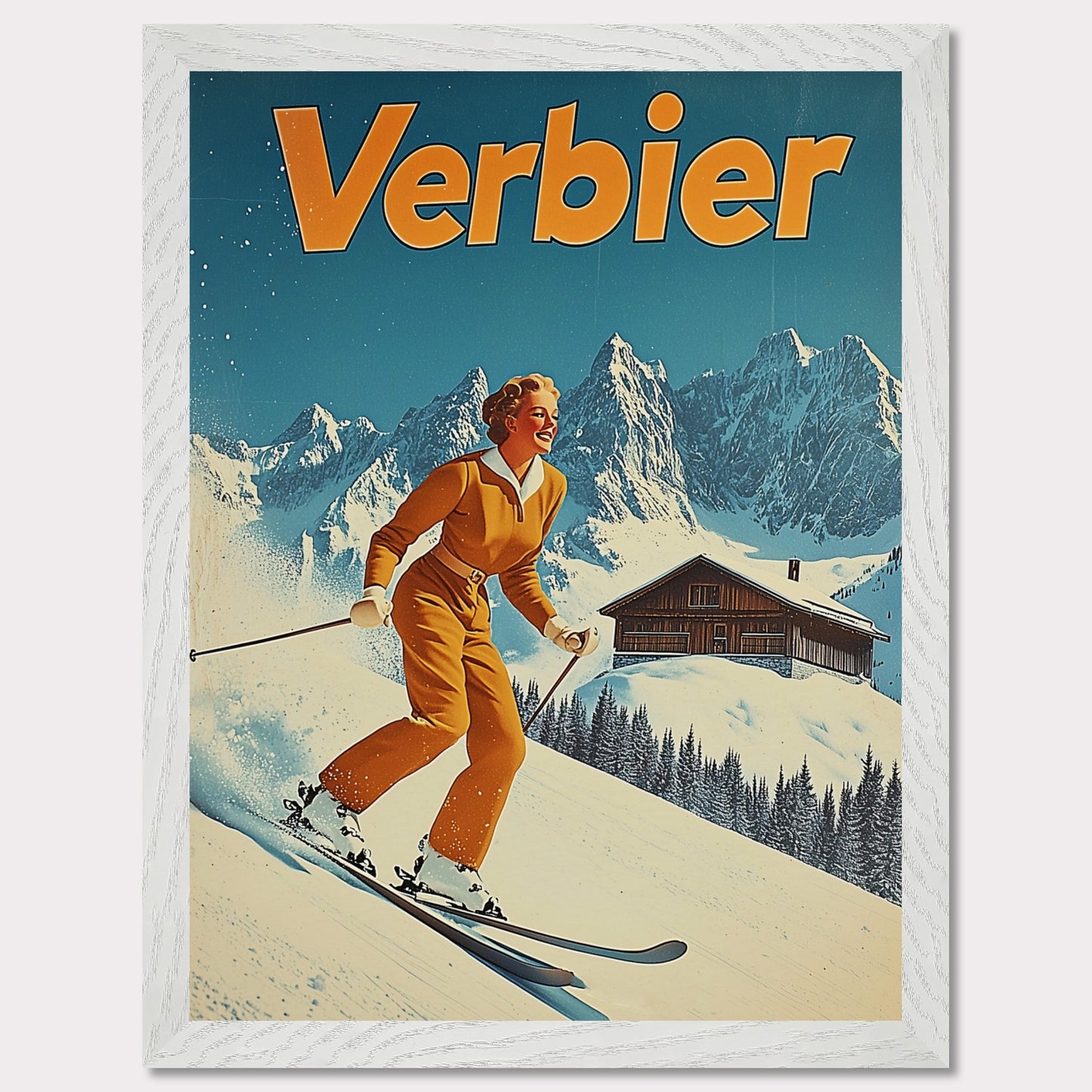 This vibrant retro poster features a cheerful skier dressed in a classic orange ski outfit, gliding down the pristine slopes of Verbier. Behind her, a picturesque alpine chalet sits amidst snow-covered peaks, with a bright blue sky completing the idyllic scene. The bold typography and clean lines enhance the nostalgic charm, inviting viewers to experience the joys of skiing in Verbier.