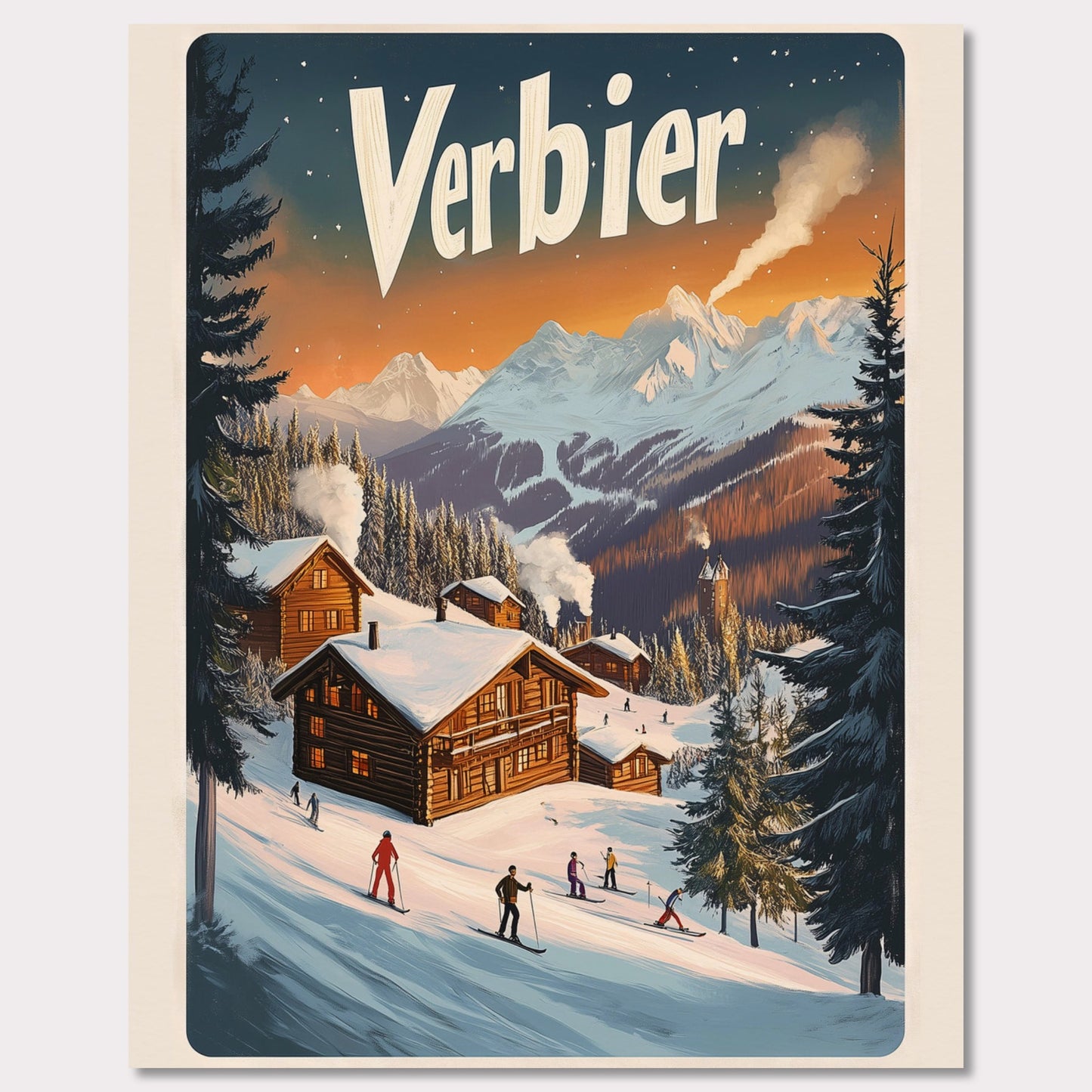 This captivating poster encapsulates the serene beauty of Verbier, with its snow-covered chalets nestled against a backdrop of fiery alpine sunsets. The scene showcases the perfect blend of adventure and tranquility, featuring skiers gliding down gentle slopes surrounded by towering pine trees and a distant view of a majestic mountain range. The soft, glowing hues of the evening sky bring warmth to this winter wonderland.