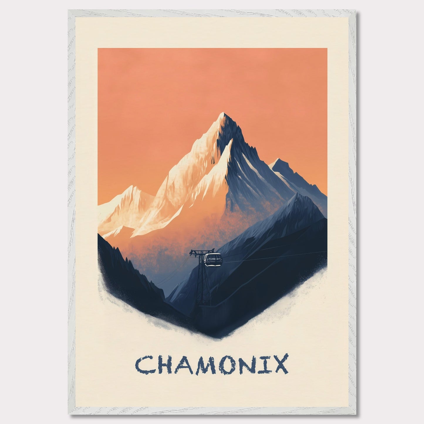 This breathtaking poster captures the rugged majesty of Chamonix, with the towering snow-capped peaks set against a warm, pastel sky. A cable car ascends through the mist, symbolizing adventure, exploration, and the timeless allure of the Alps.