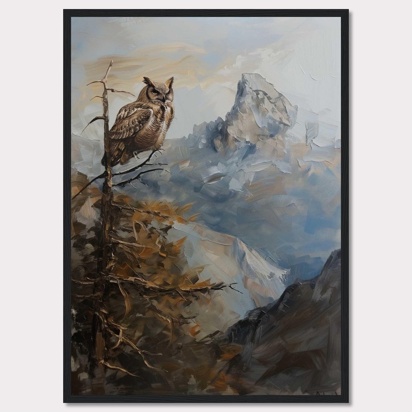 This captivating painting depicts a majestic owl perched on a branch, overlooking a rugged mountain landscape. The scene is rendered in rich, earthy tones and dynamic brushstrokes, capturing the serene yet powerful essence of nature.