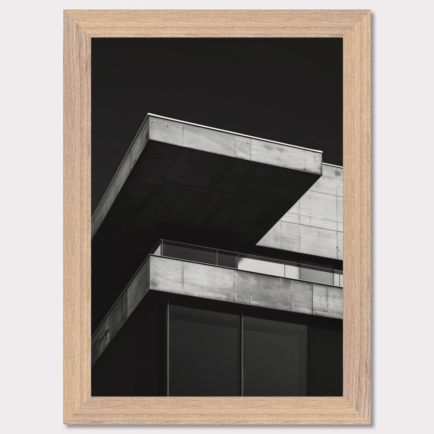 This striking black and white photograph captures the modern architectural lines of a concrete building against a dark background. The image highlights the stark contrast and geometric precision of contemporary design.