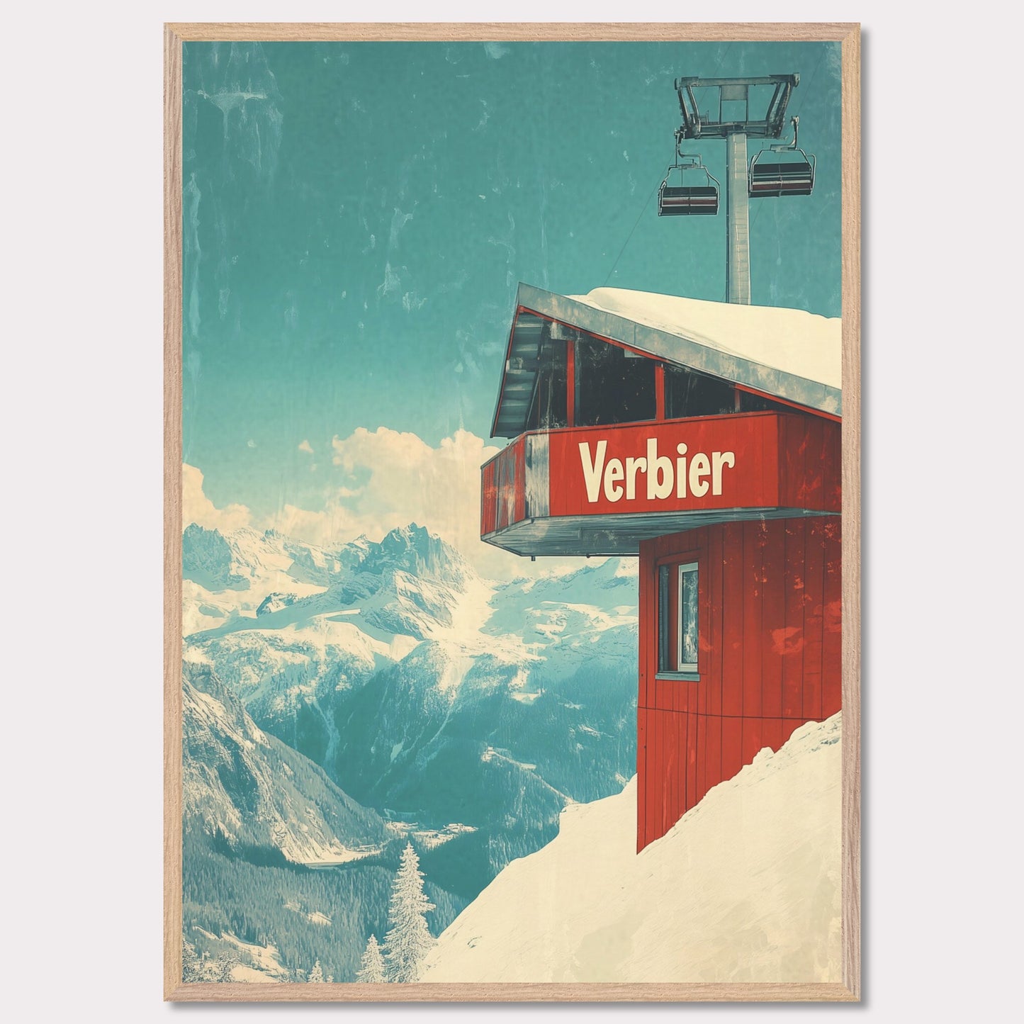 This vintage-inspired poster showcases a modern gondola station perched high above Verbier’s slopes. The gondola’s red cabin stands out against the pristine white snow, with majestic alpine peaks framing the view. The soft blue sky, accented by the vintage design, gives a timeless quality to the image. The simplicity and elegance of the gondola station invite viewers to imagine their own journey up the mountain, surrounded by the beauty of the Swiss Alps.