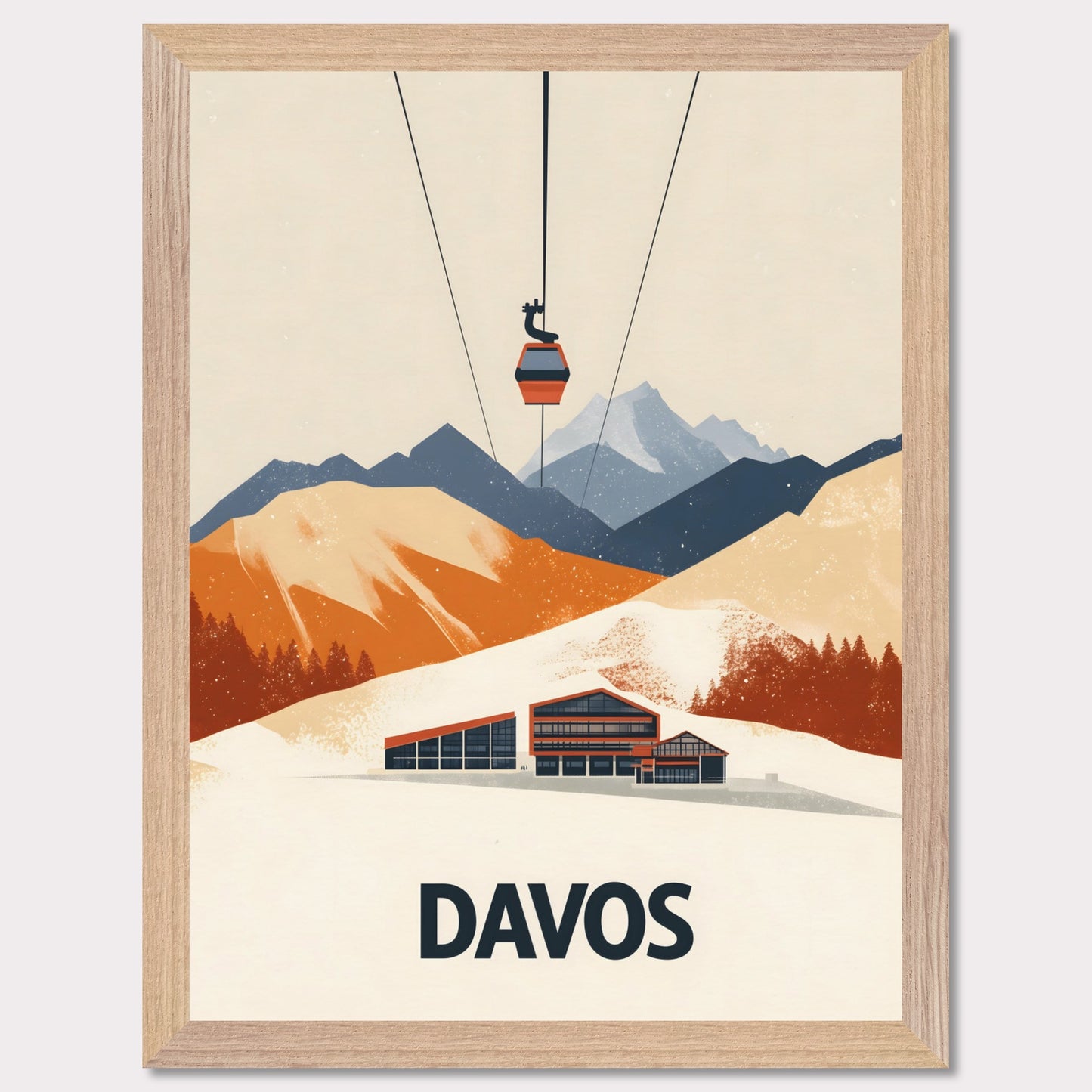 A stunning visual of a winter resort in Davos, nestled among snow-covered mountains. A cable car ascends above, symbolizing the excitement of skiing and high-altitude adventures.