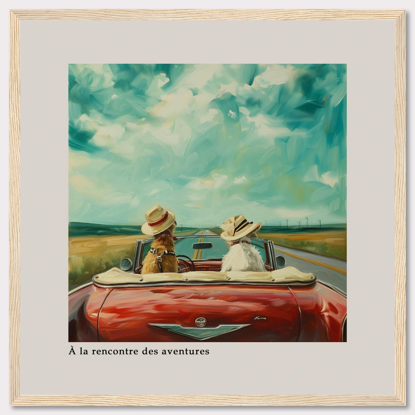 This charming artwork depicts two dogs wearing hats, riding in a red convertible on an open road under a vibrant sky. The scene evokes a sense of adventure and freedom.