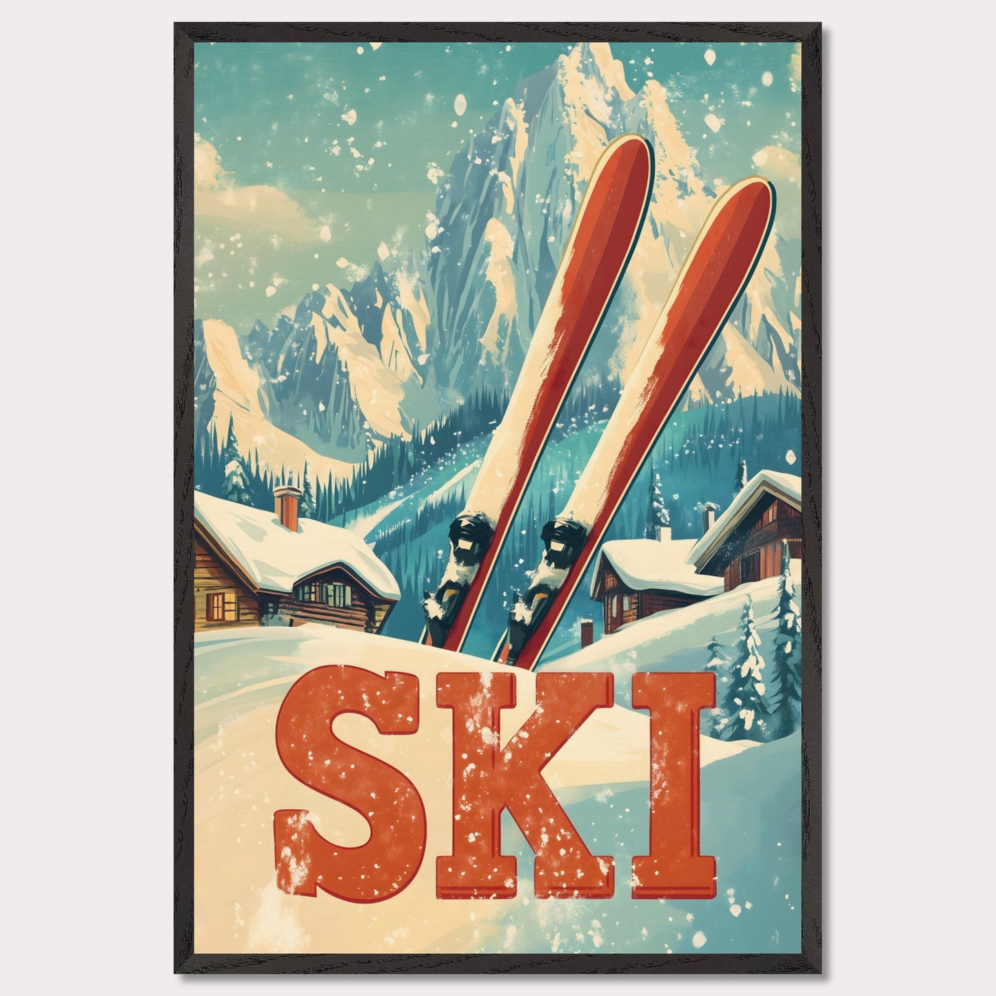 This captivating poster evokes the thrill of retro skiing with its vibrant and colorful design. Featuring a vintage-inspired skier mid-descent against a backdrop of majestic alpine peaks, it captures the essence of a bygone era of adventure. The dynamic composition and bold colors transport viewers to the golden age of skiing, making it an instant eye-catcher.