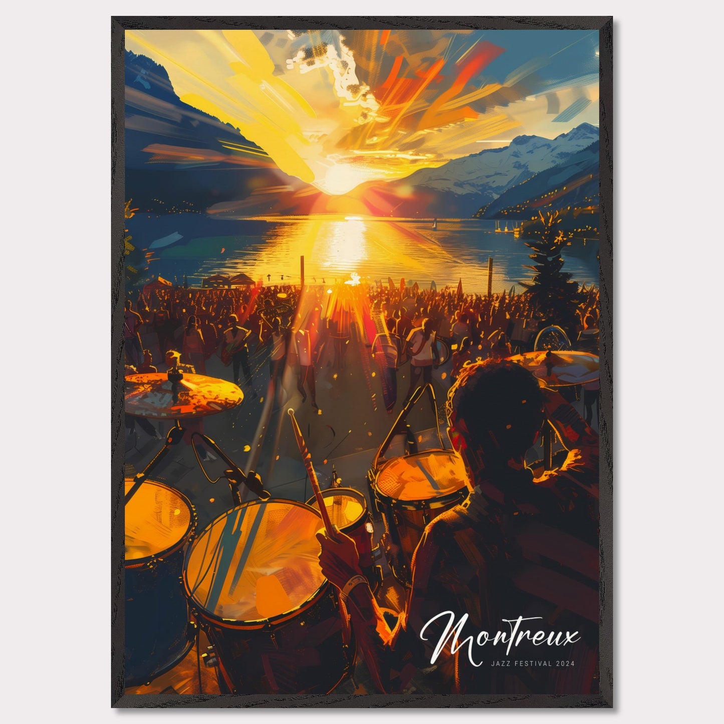 This vibrant image captures the essence of the Montreux Jazz Festival 2024. The scene is set at sunset, with a stunning view of the sun dipping below the horizon over a serene lake, surrounded by majestic mountains. A large crowd is gathered, immersed in the music, while a drummer plays energetically in the foreground.