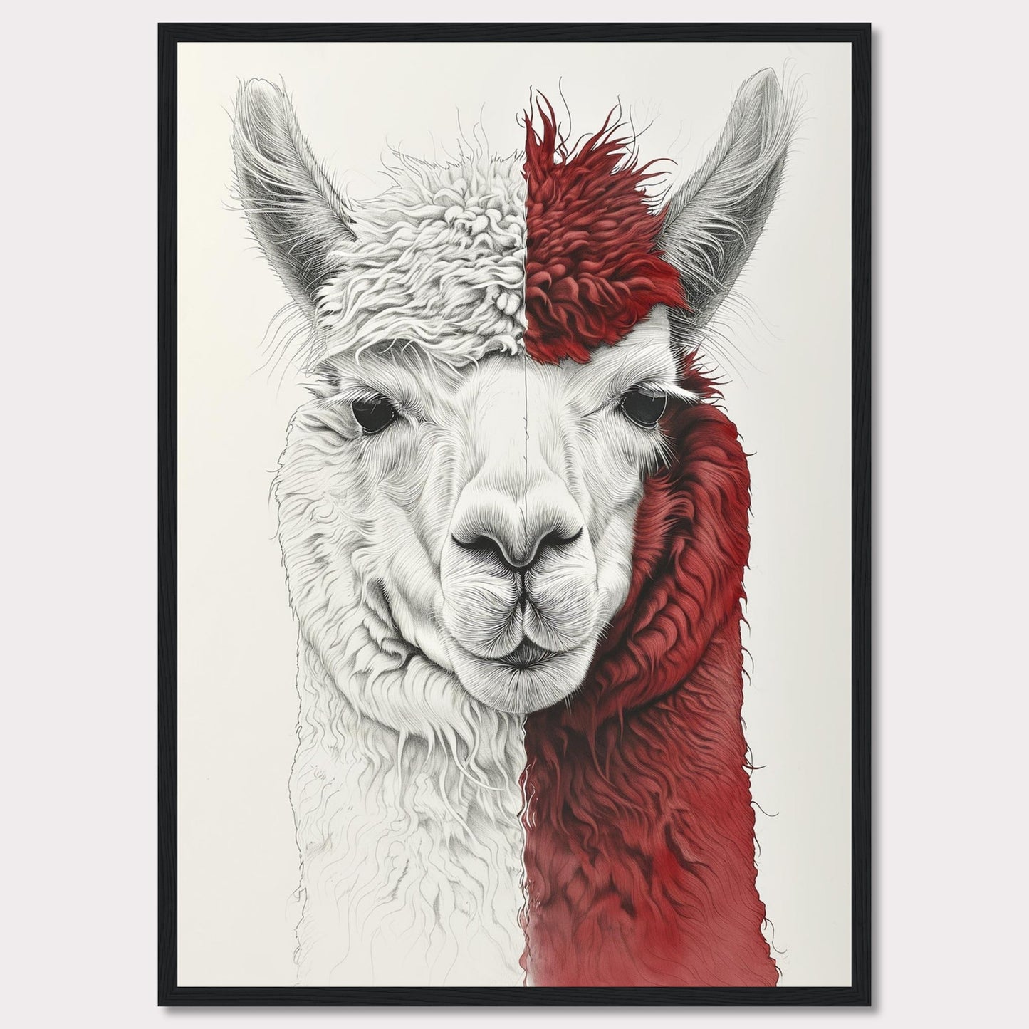 This striking artwork features a detailed illustration of an alpaca with a unique half-white, half-red fur pattern. The intricate lines and textures bring the alpaca's gentle expression to life, making it a captivating piece for any space.